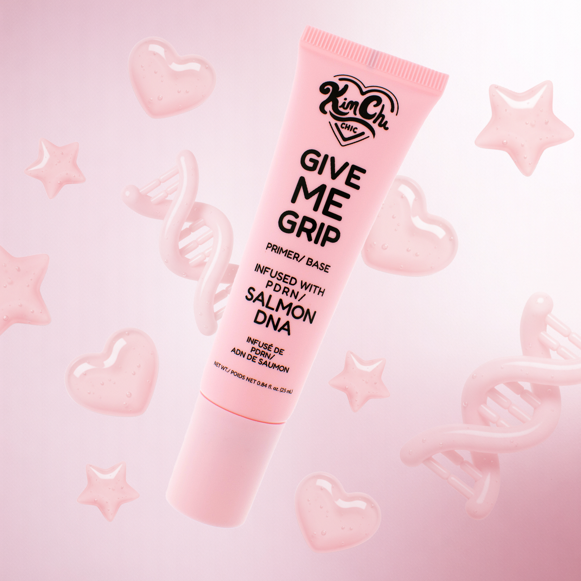 KimChi Chic Give Me Grip primer, pink tube infused with salmon DNA, perfect for long-lasting makeup hold.