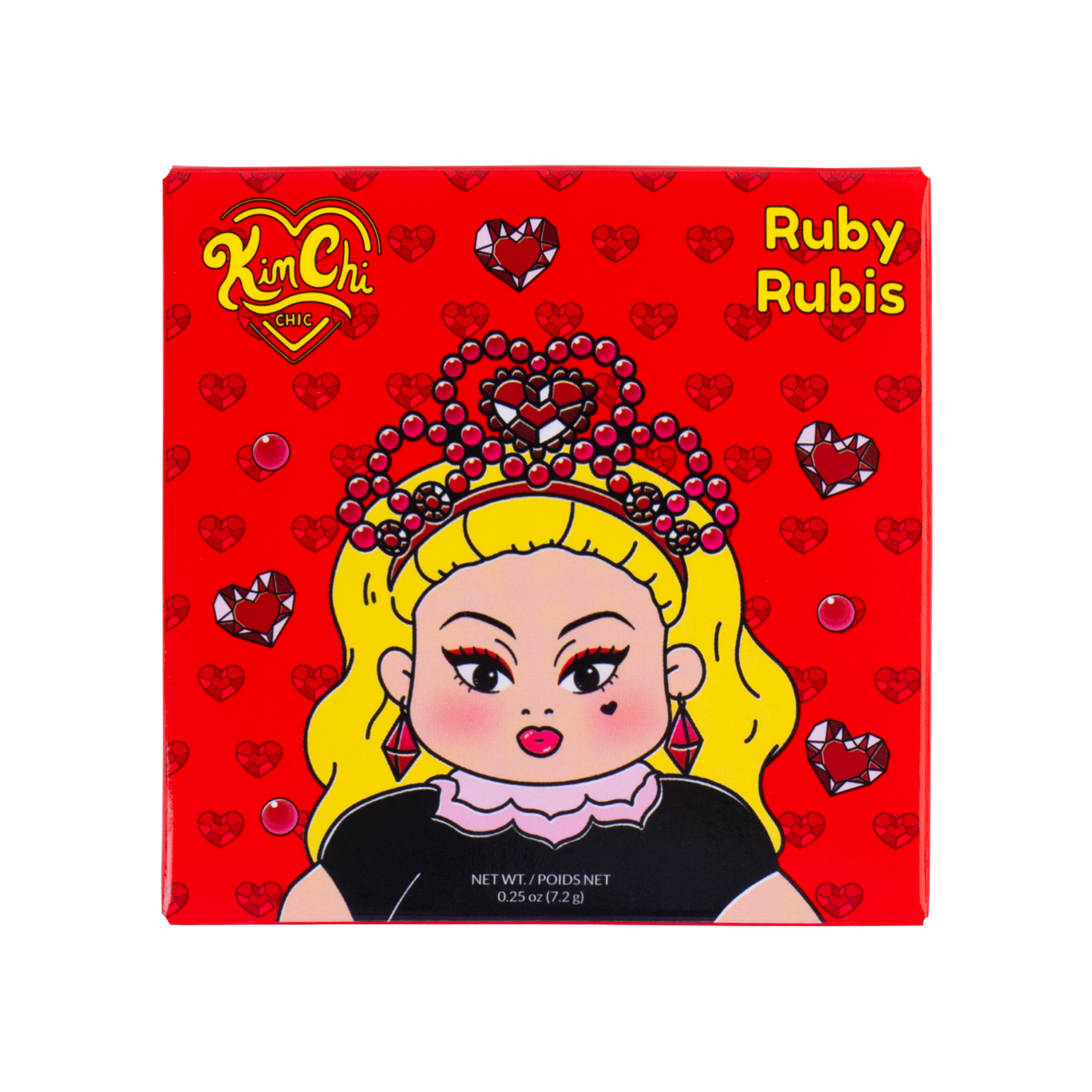 Illustrated makeup packaging with a cartoon figure on a red background, labeled 'Ruby Rubis'.