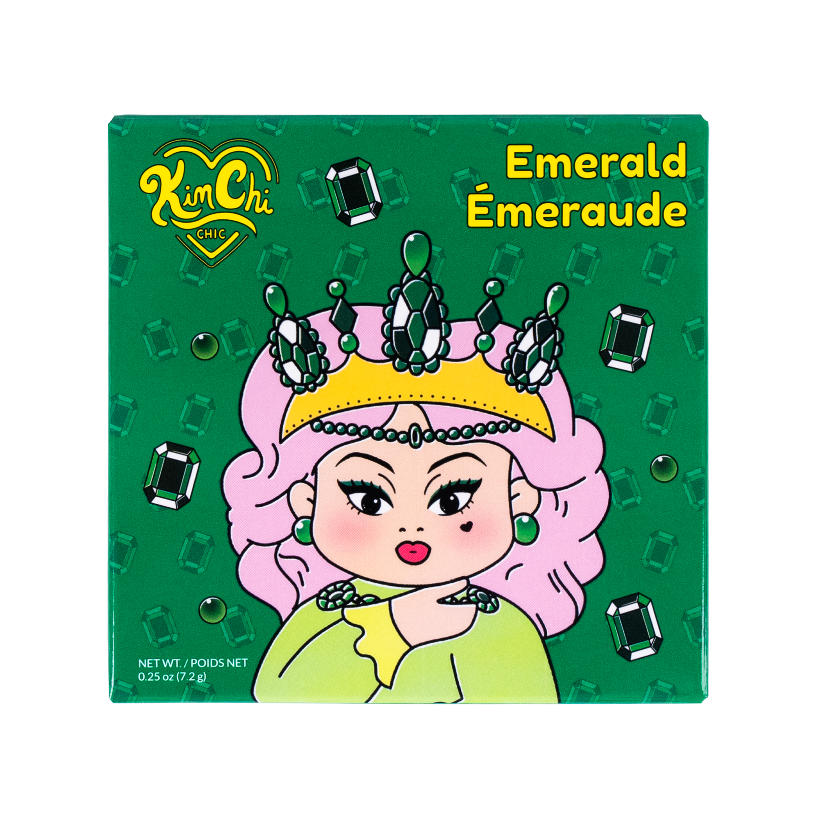 Illustrated makeup palette packaging with character wearing jewelry on green background.