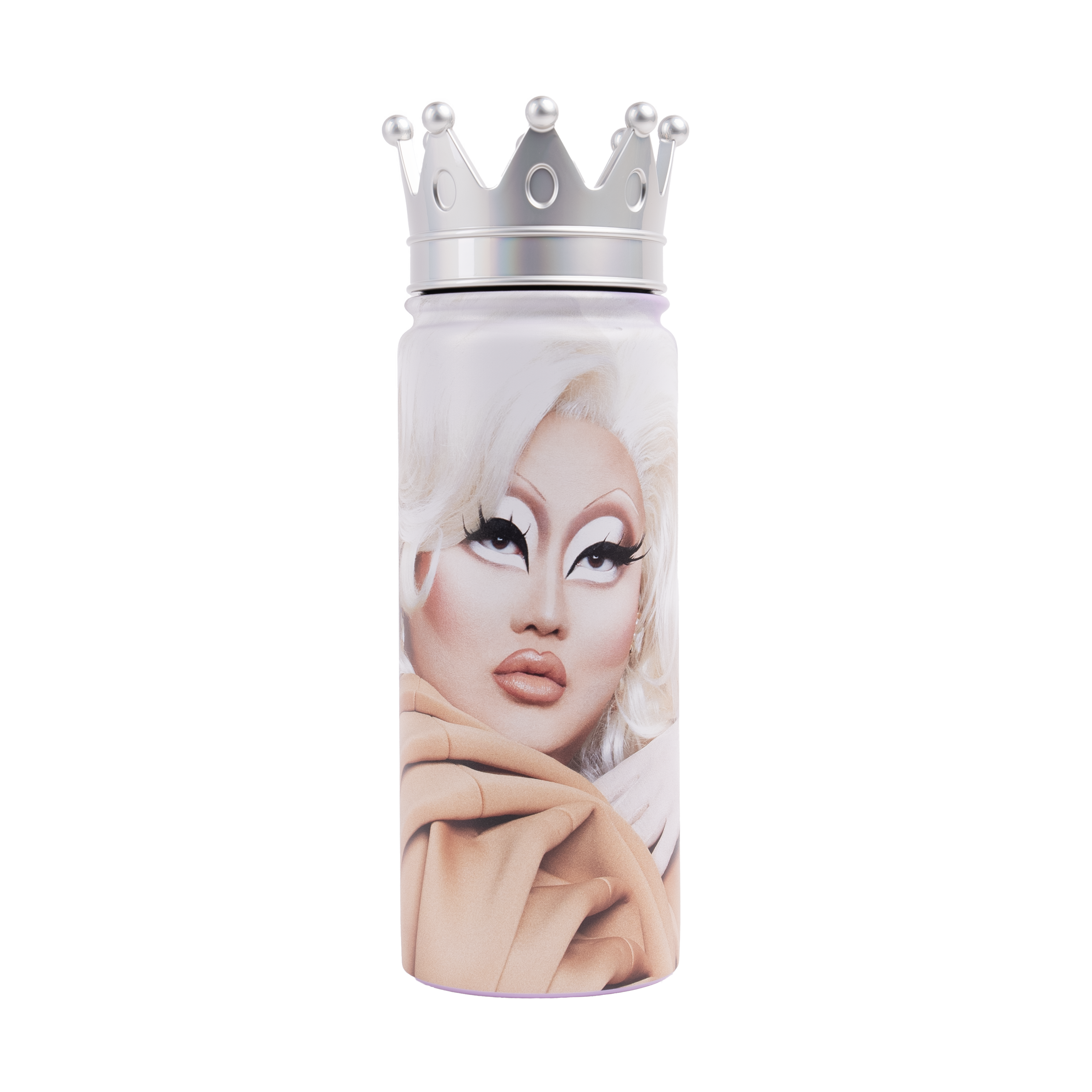 Water bottle with a drag queen design and a crown-shaped cap.