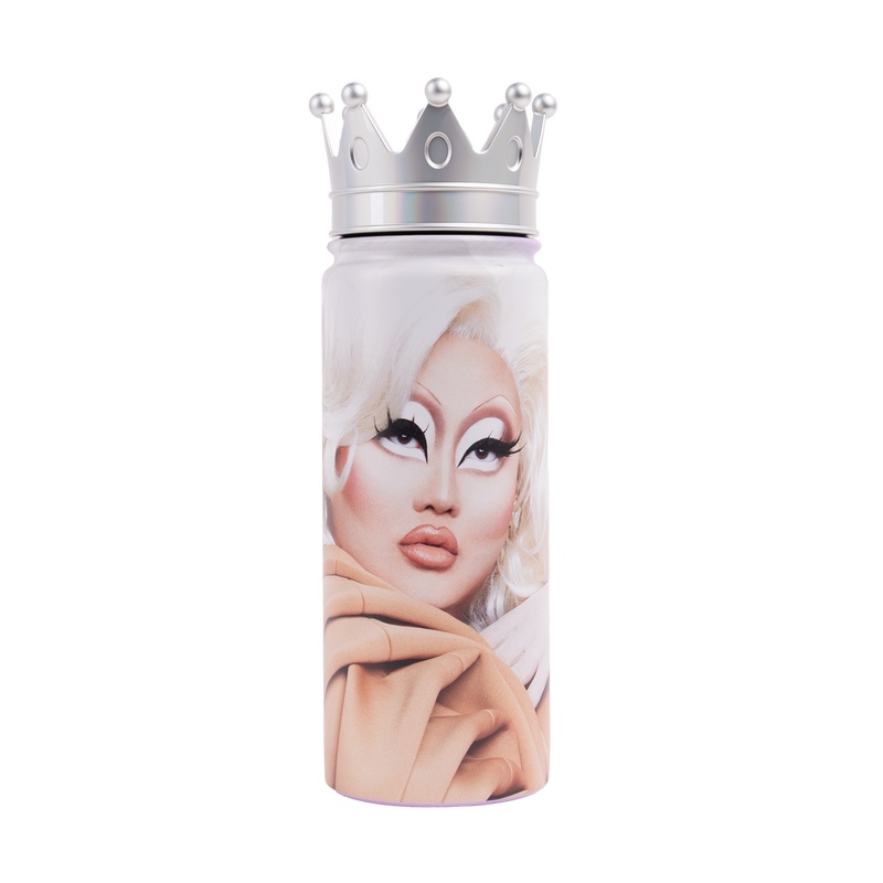 Water bottle with a drag queen design and a crown-shaped cap.