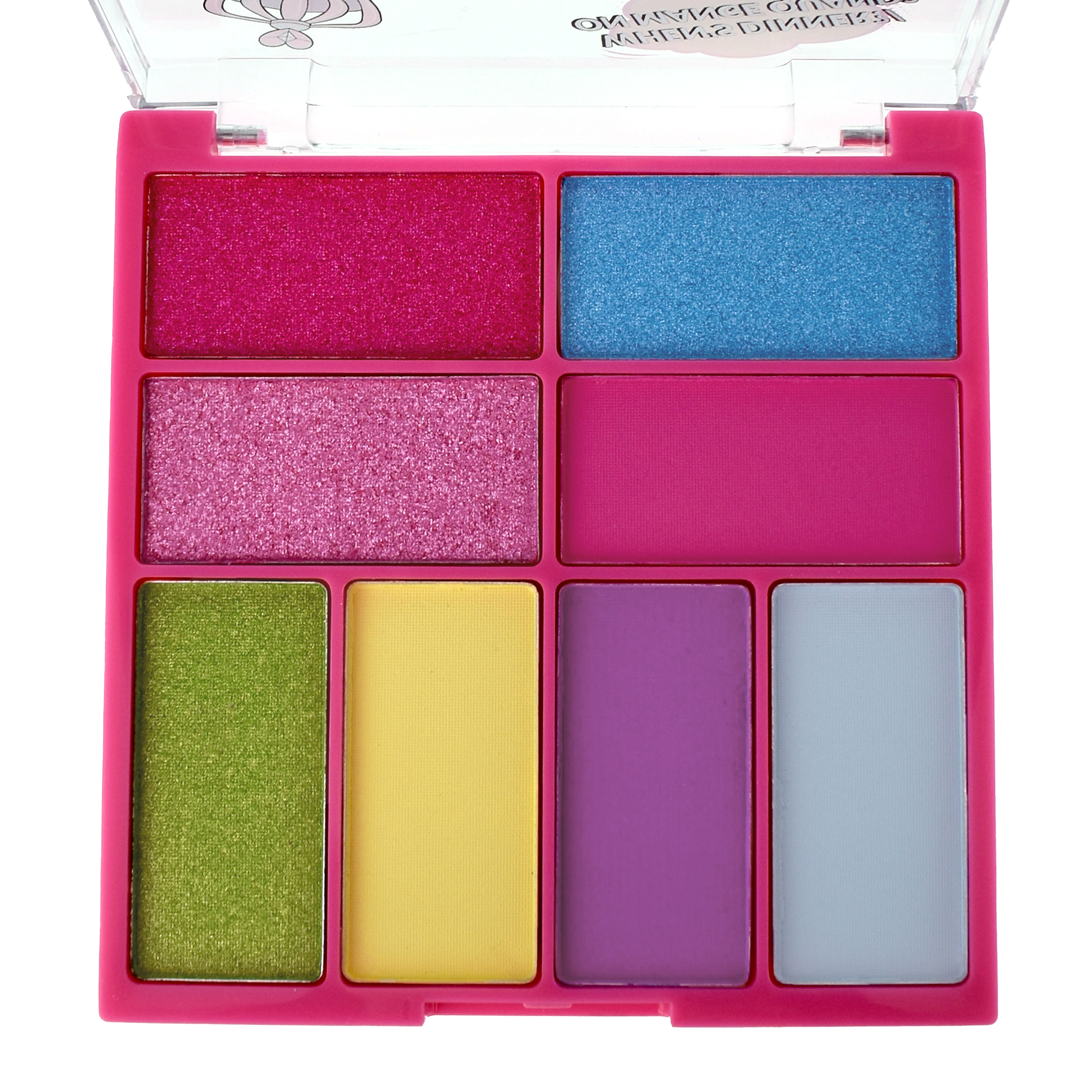 Colorful eyeshadow palette with eight vibrant shades in a pink case.