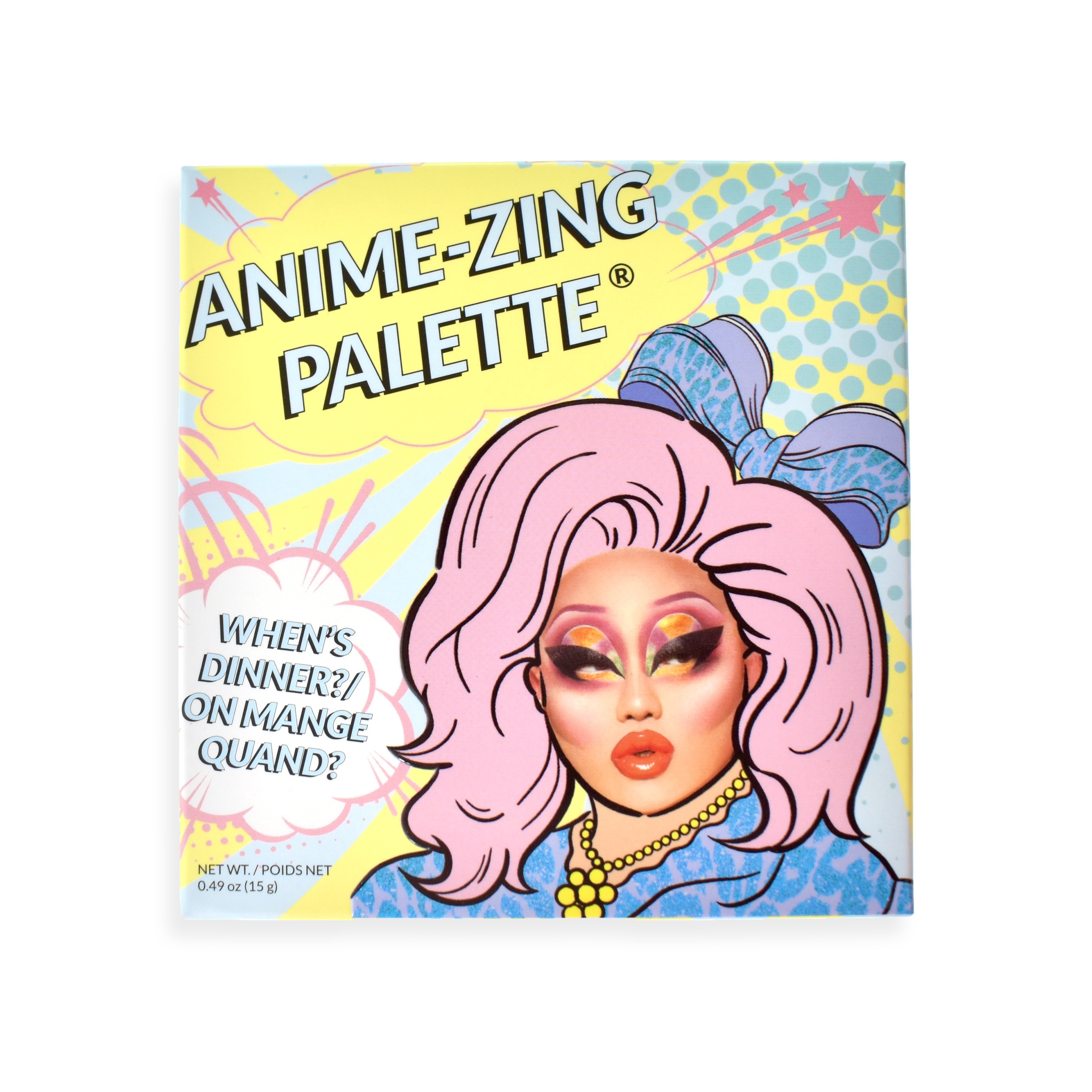 Anime-themed makeup palette packaging with colorful illustration of a person with pink hair.