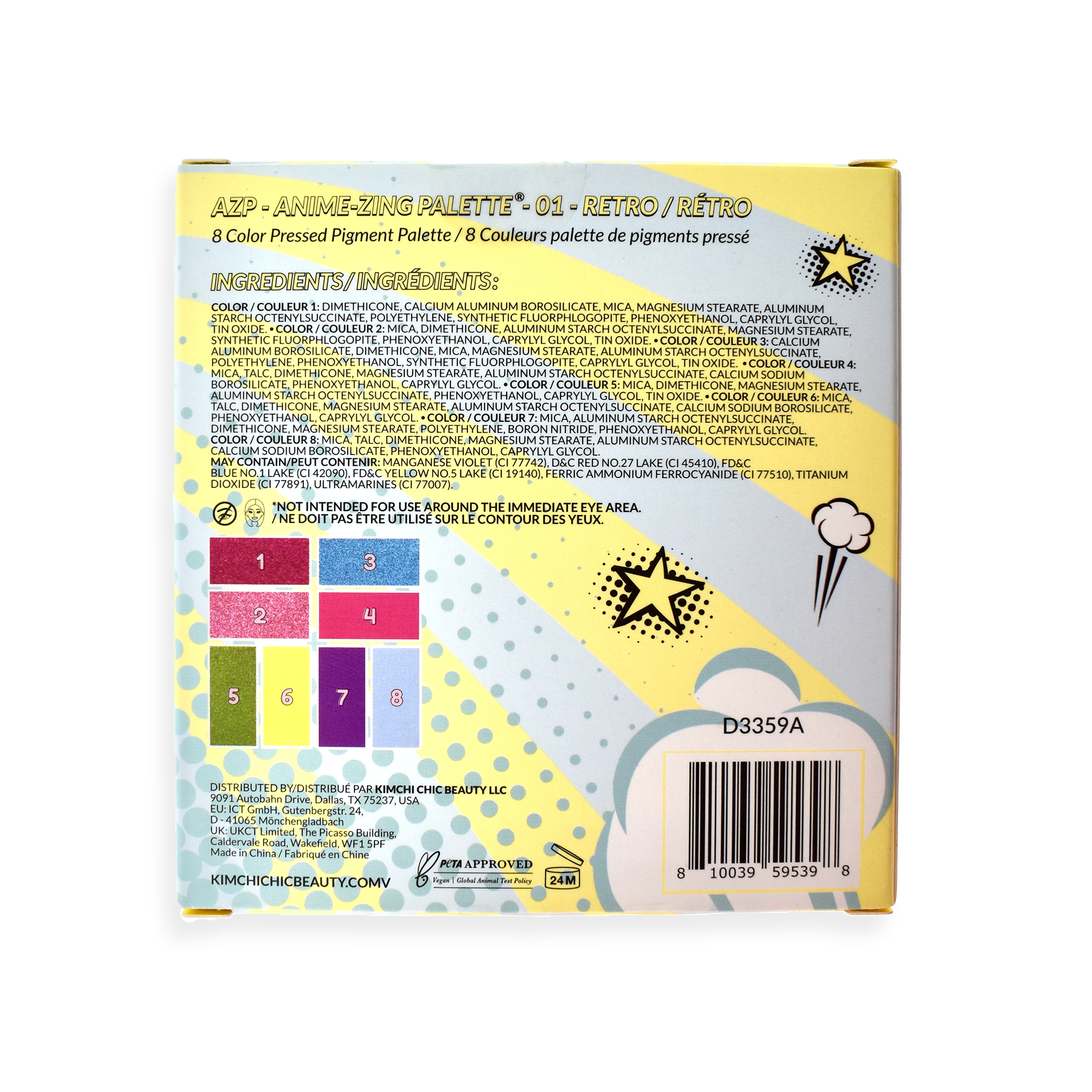 Back of makeup palette packaging with colorful design and text details.