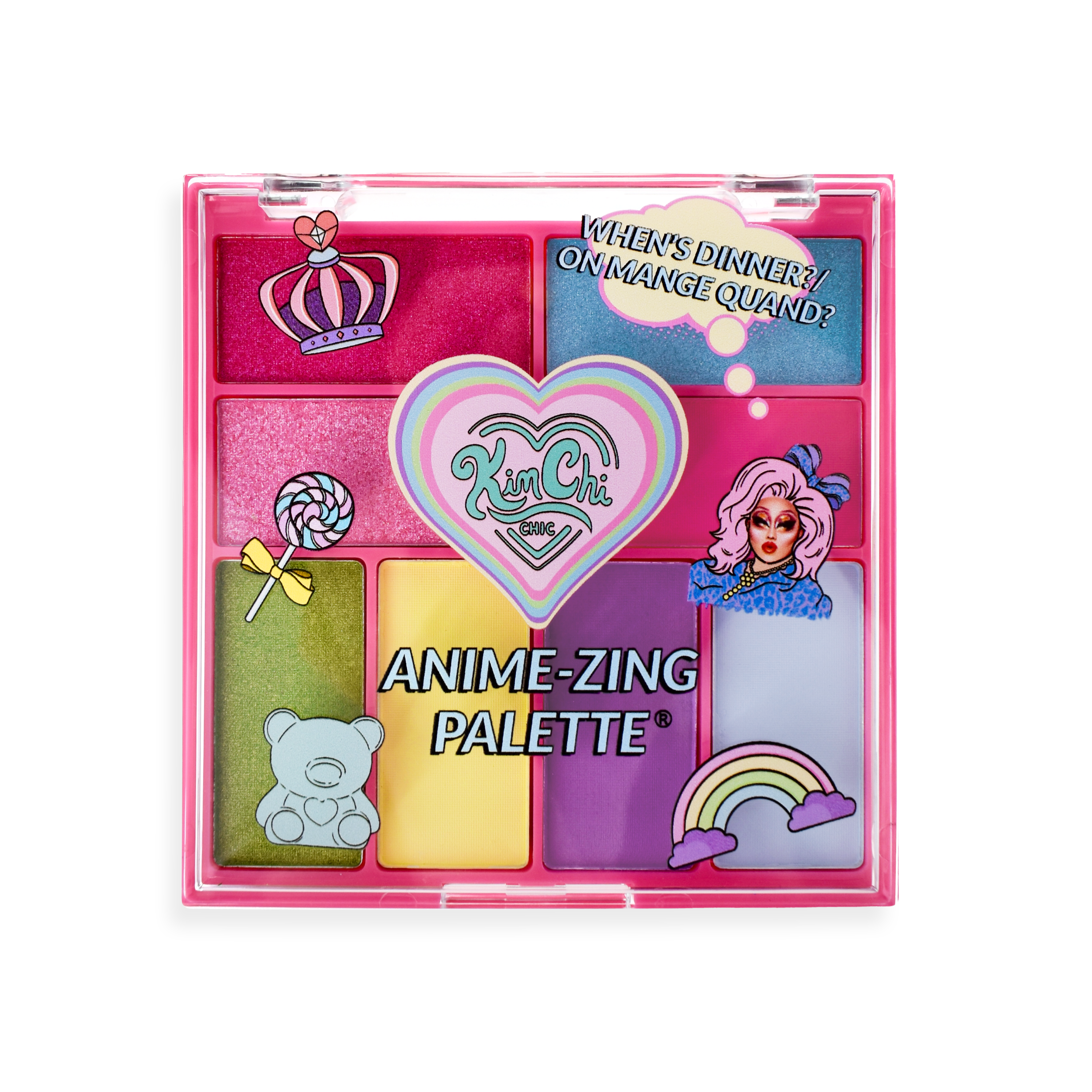 Colorful eyeshadow palette with anime-themed design and illustrations.