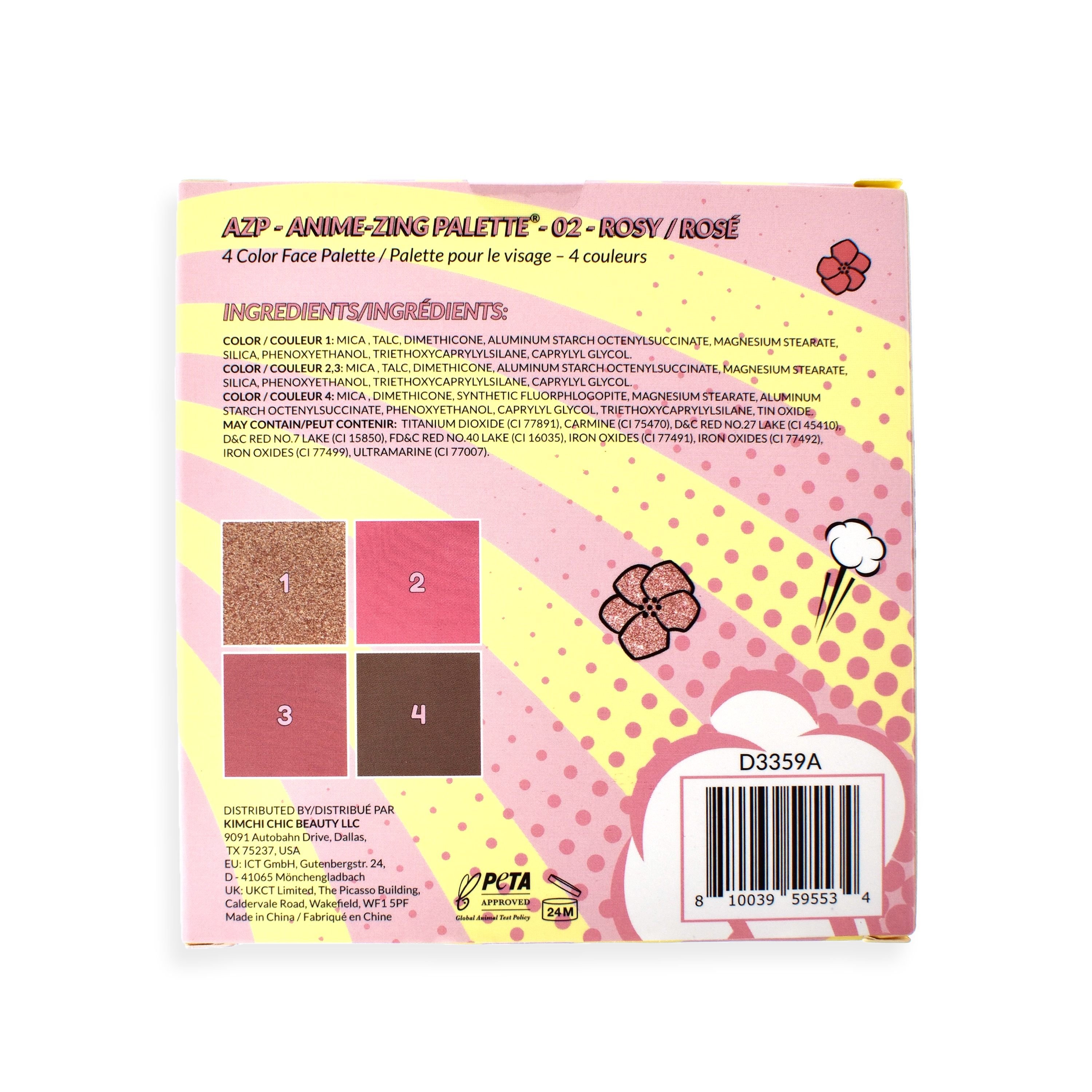 Back of a face palette packaging showing ingredients and color shades.