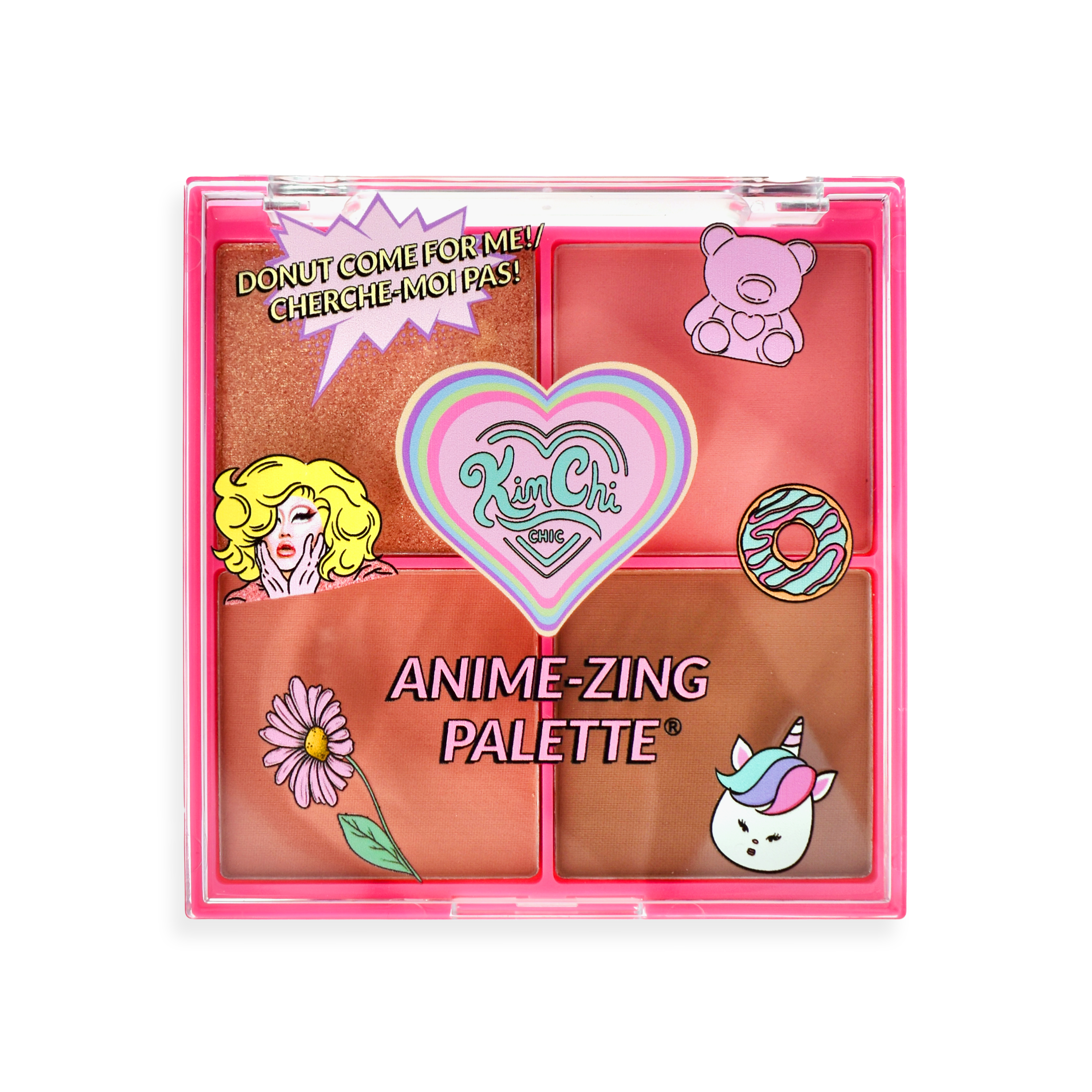 Colorful anime-themed makeup palette with decorative illustrations on packaging.