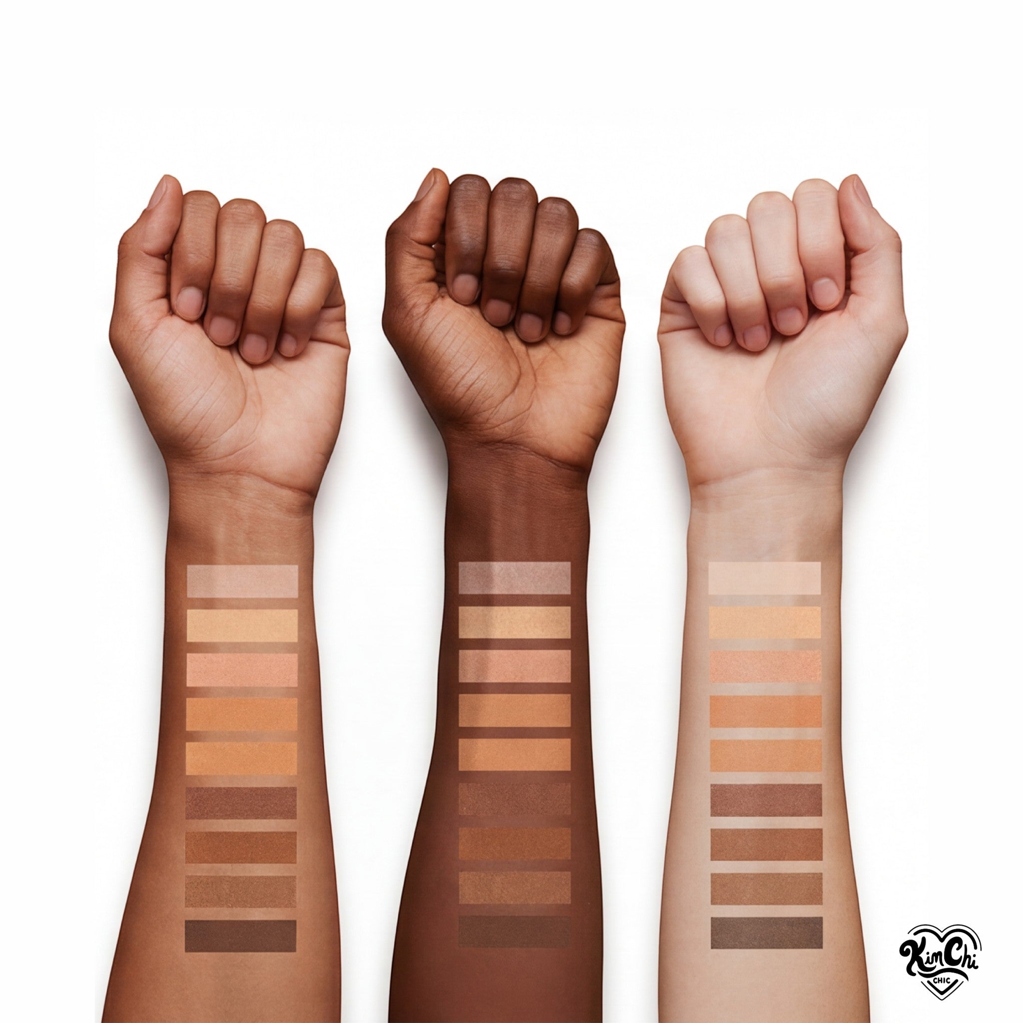 Swatches of diverse foundation shades on different skin tones, showcasing a range of undertones by KimChi.