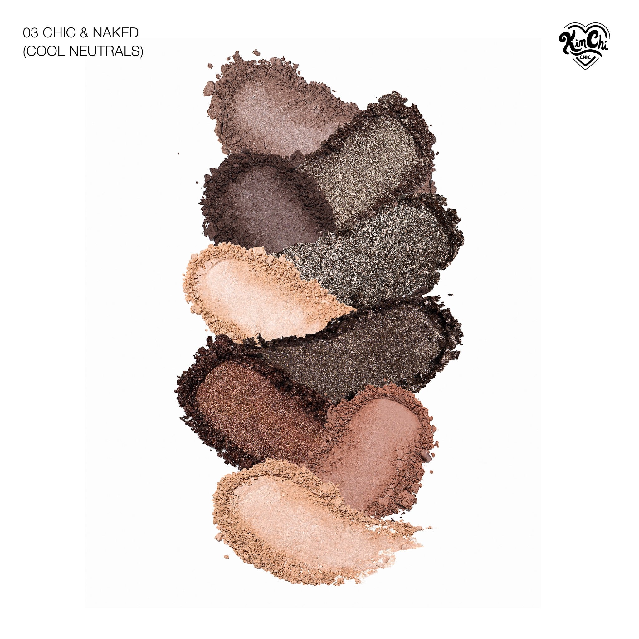 Cool neutrals eyeshadow palette featuring soft browns, taupes, and shimmery greys for versatile looks.