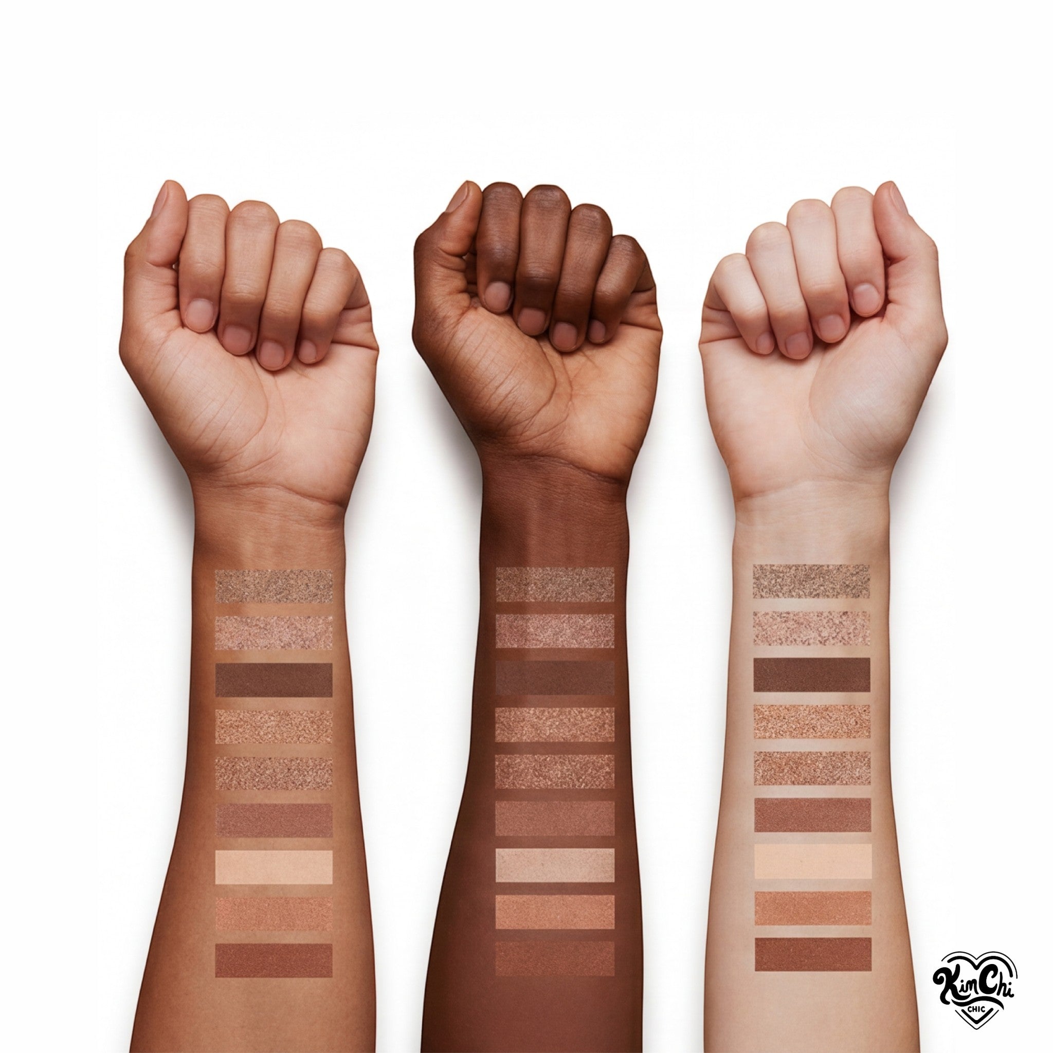 Swatch comparison of eyeshadows on diverse skin tones; showcasing earthy shades in rich hues.