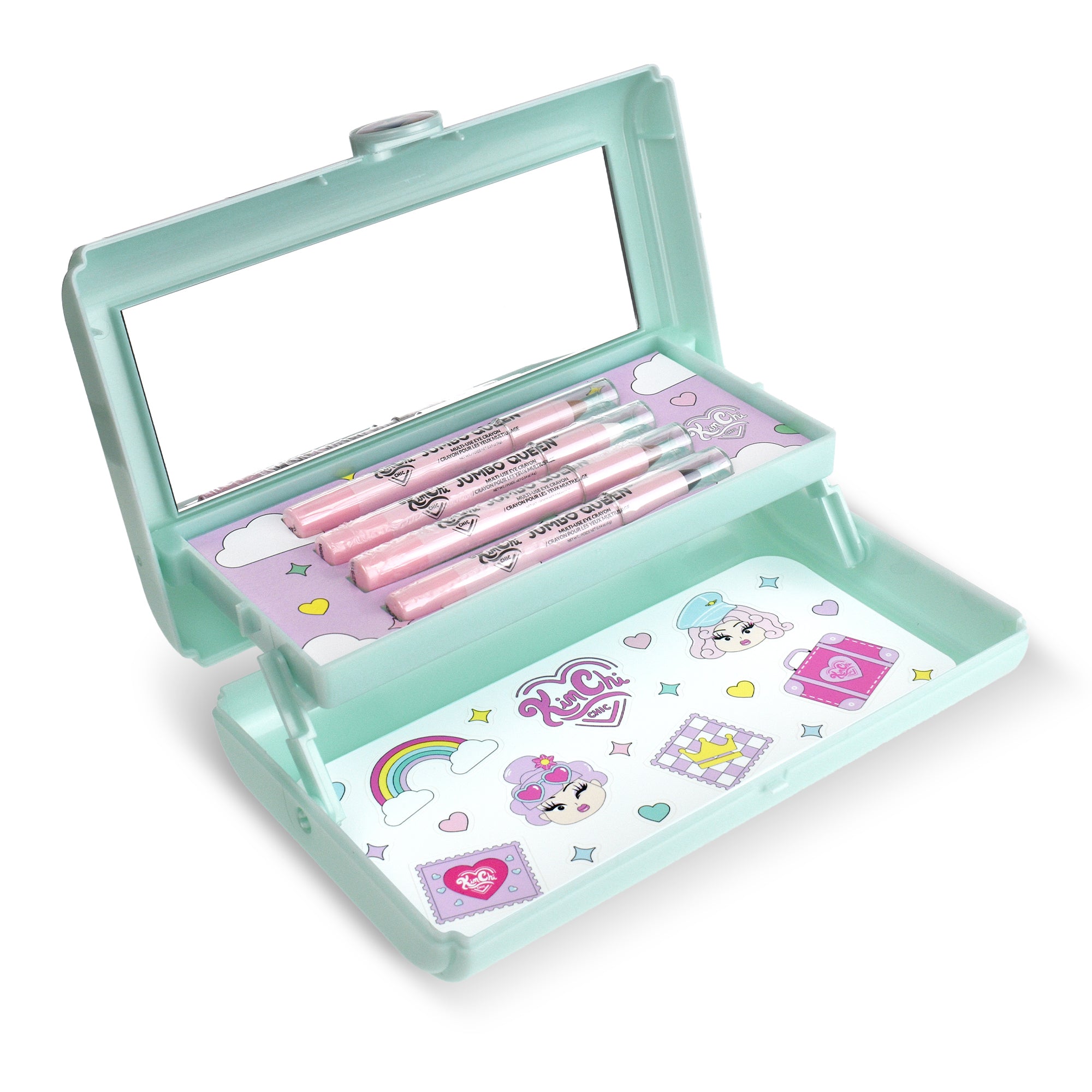 A mint green pencil case with a mirror, containing four pink markers and decorated with colorful stickers.