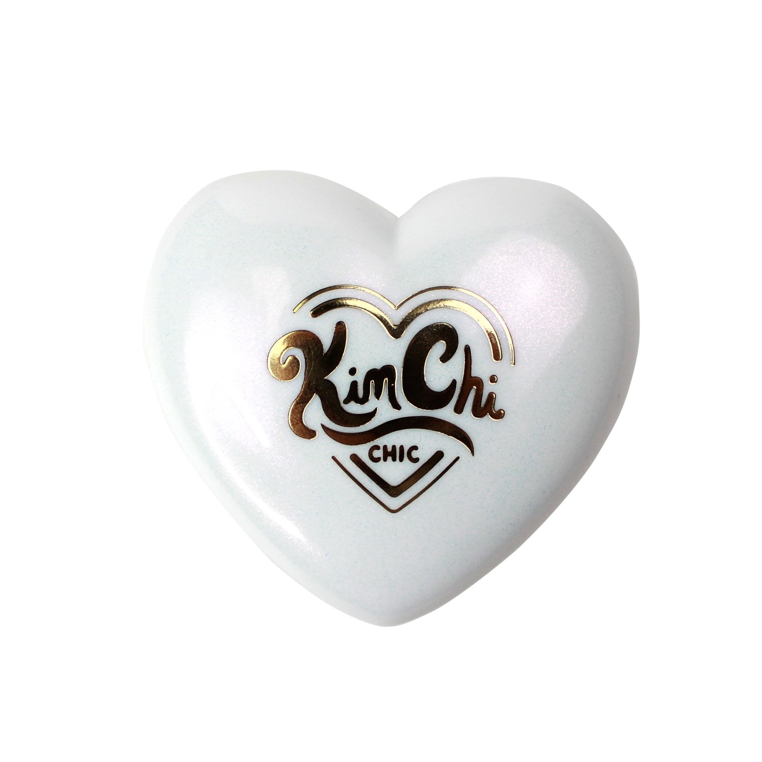 Heart-shaped white object with 'Kim Chi Chic' logo in gold.