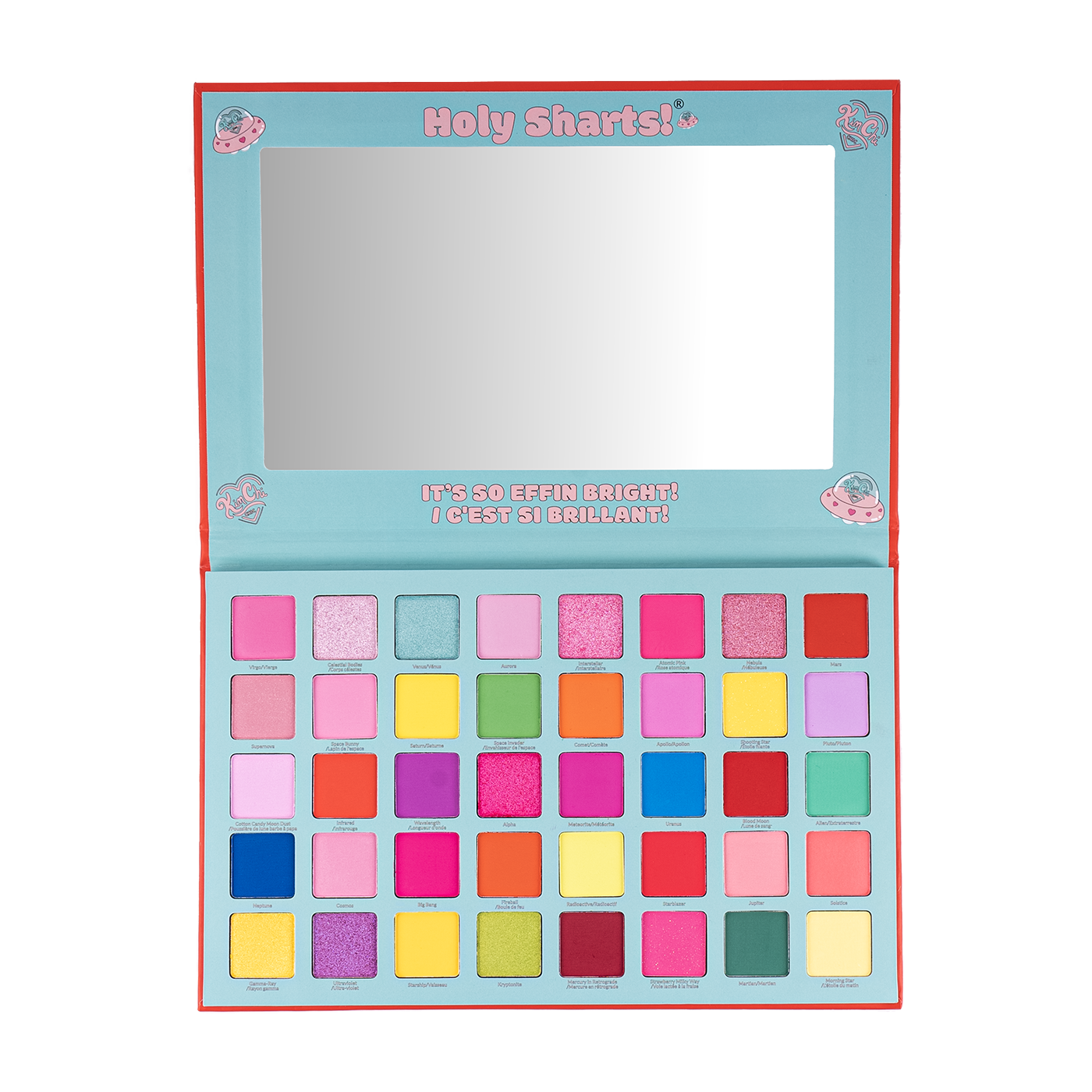 Colorful eyeshadow palette with mirror and various shades.