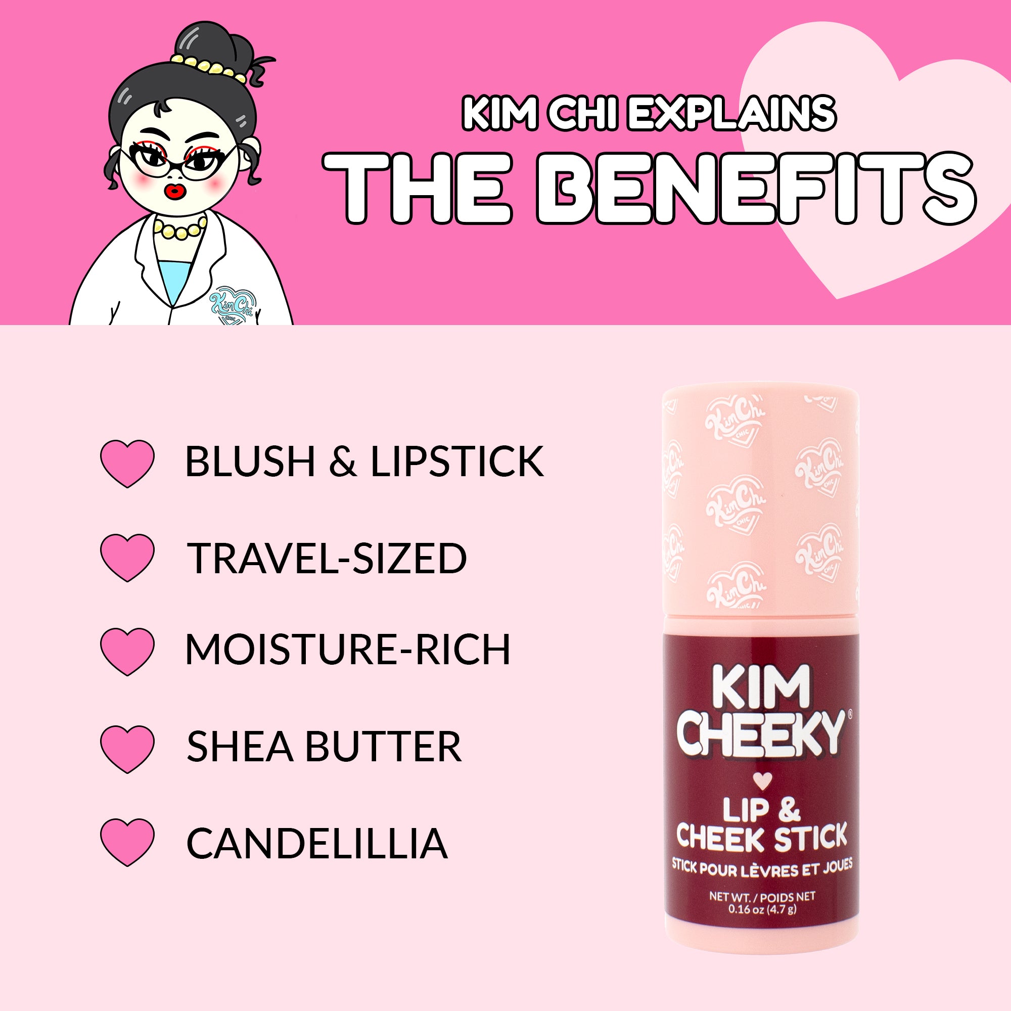 Illustration promoting Kim Cheeky lip and cheek stick with benefits listed