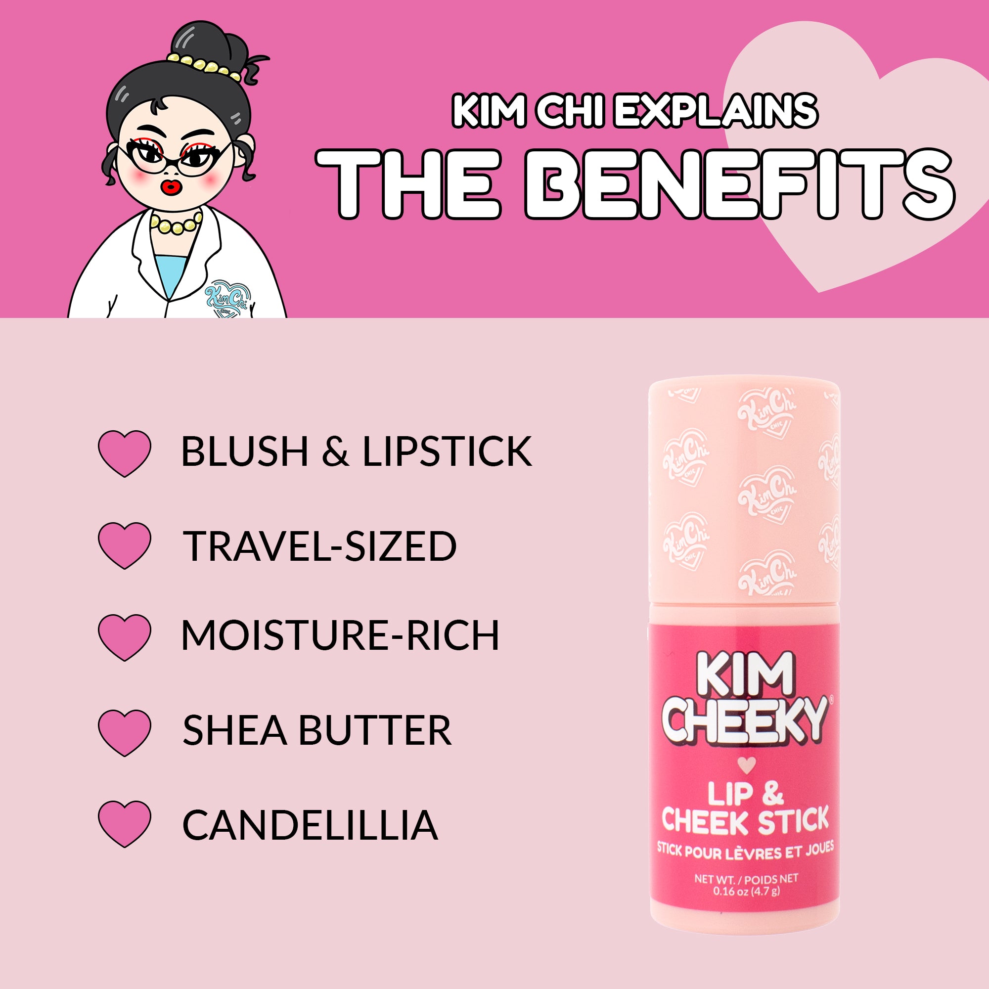 Cartoon character Kim Chi highlighting the benefits of a pink lip and cheek stick, with key features listed.