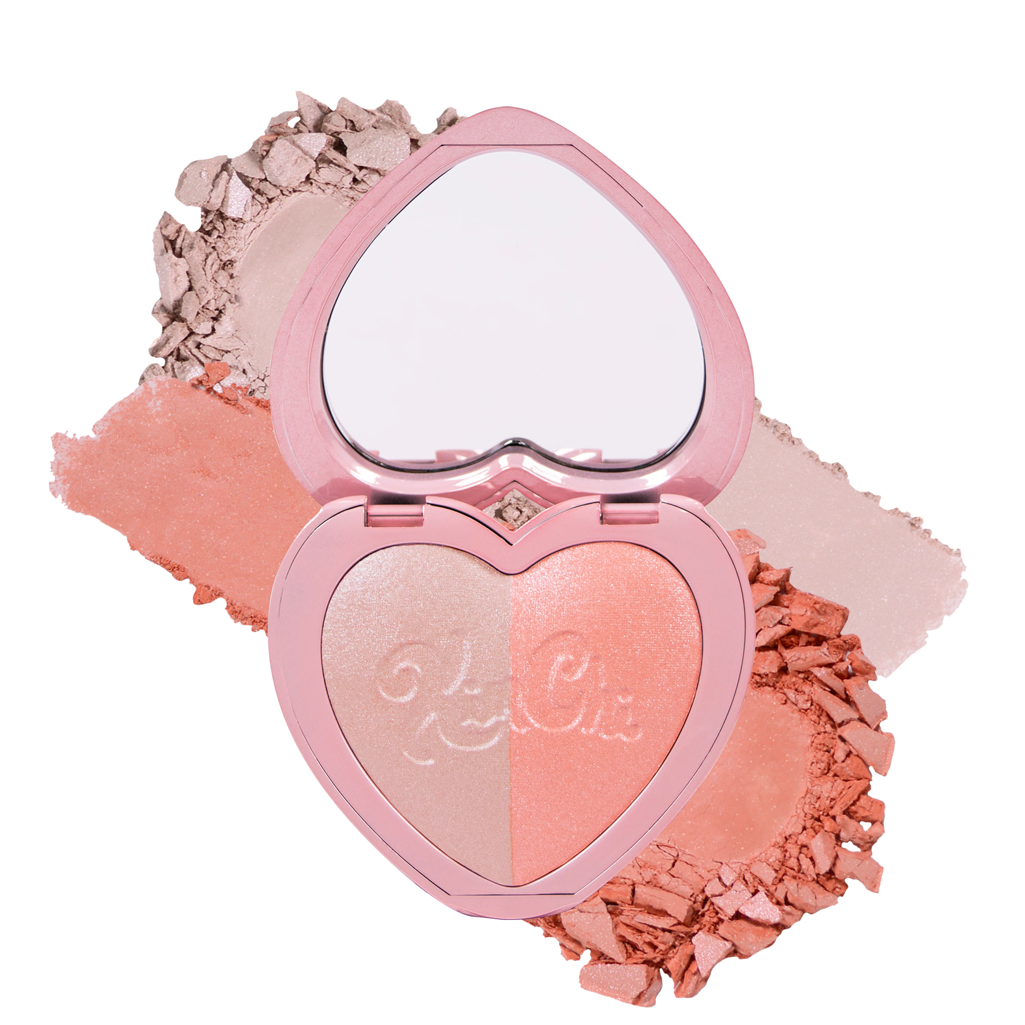Heart-shaped blush compact with a shimmering pink and peach duo, surrounded by loose pigment.