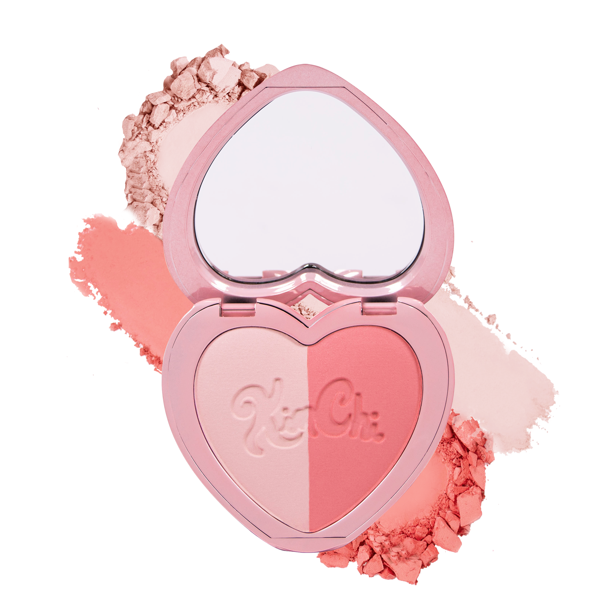 Heart-shaped blush duo compact in pink and light peach shades, featuring a mirror and soft powder texture.