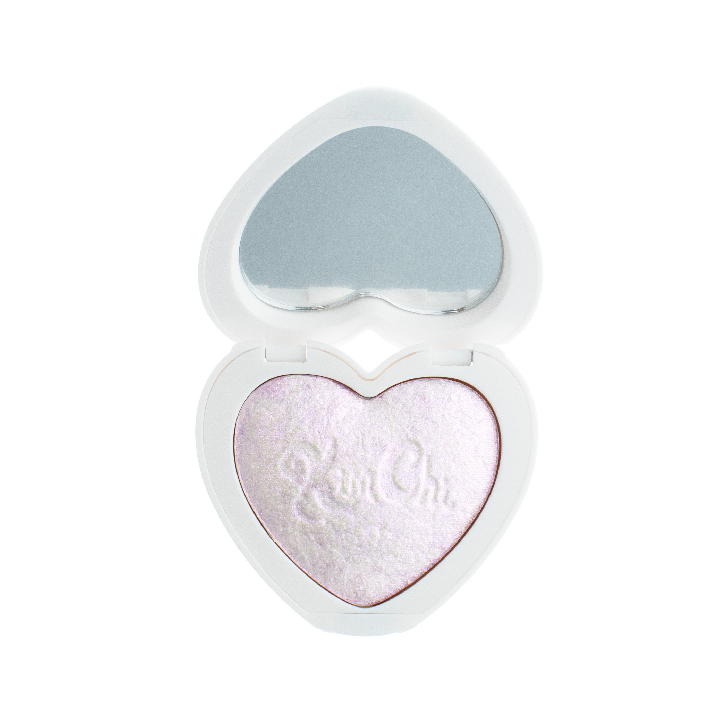 Heart-shaped compact mirror with a shimmering highlighter inside