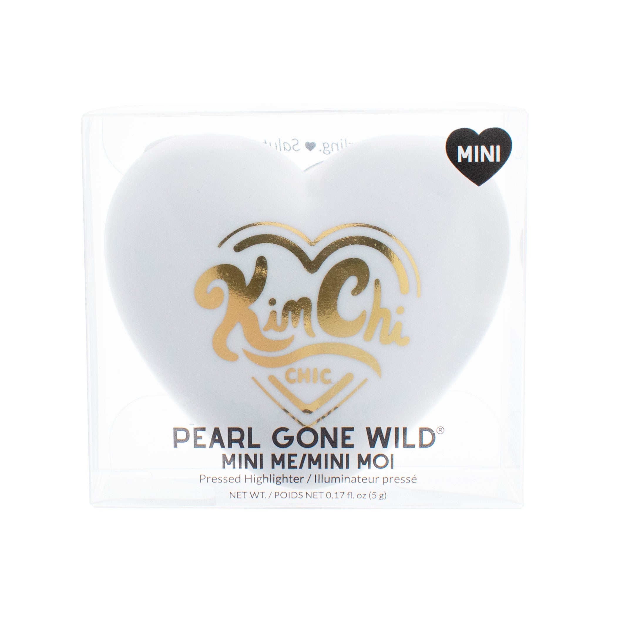 Heart-shaped highlighter compact with gold lettering and a glossy finish.
