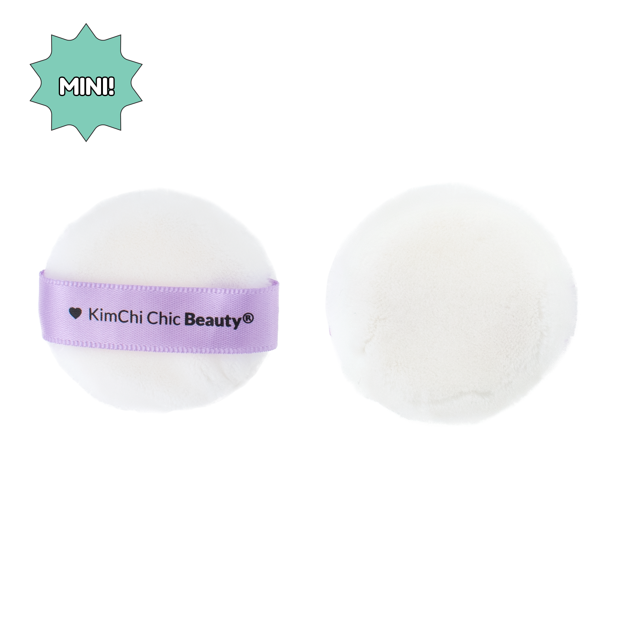 Mini white powder puff by KimChi Chic Beauty, soft material with purple branding for flawless application.