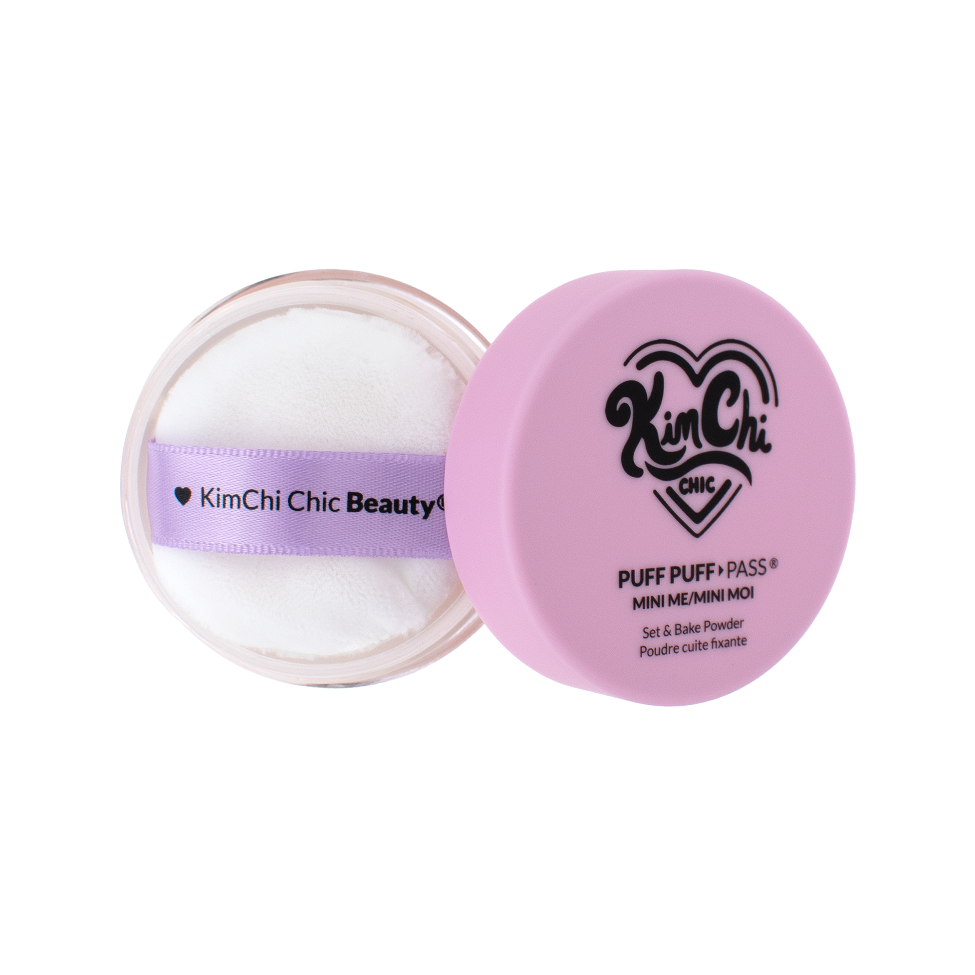 KimChi Chic Puff Puff Pass mini setting powder in pink container with puff, perfect for baking makeup.