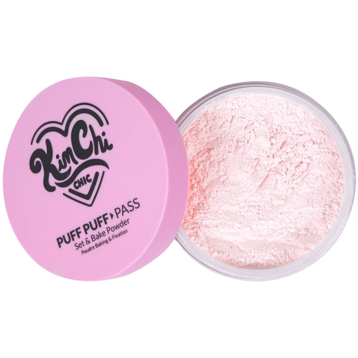 Pink container of Kim Chi Puff Puff Pass setting powder with lid open