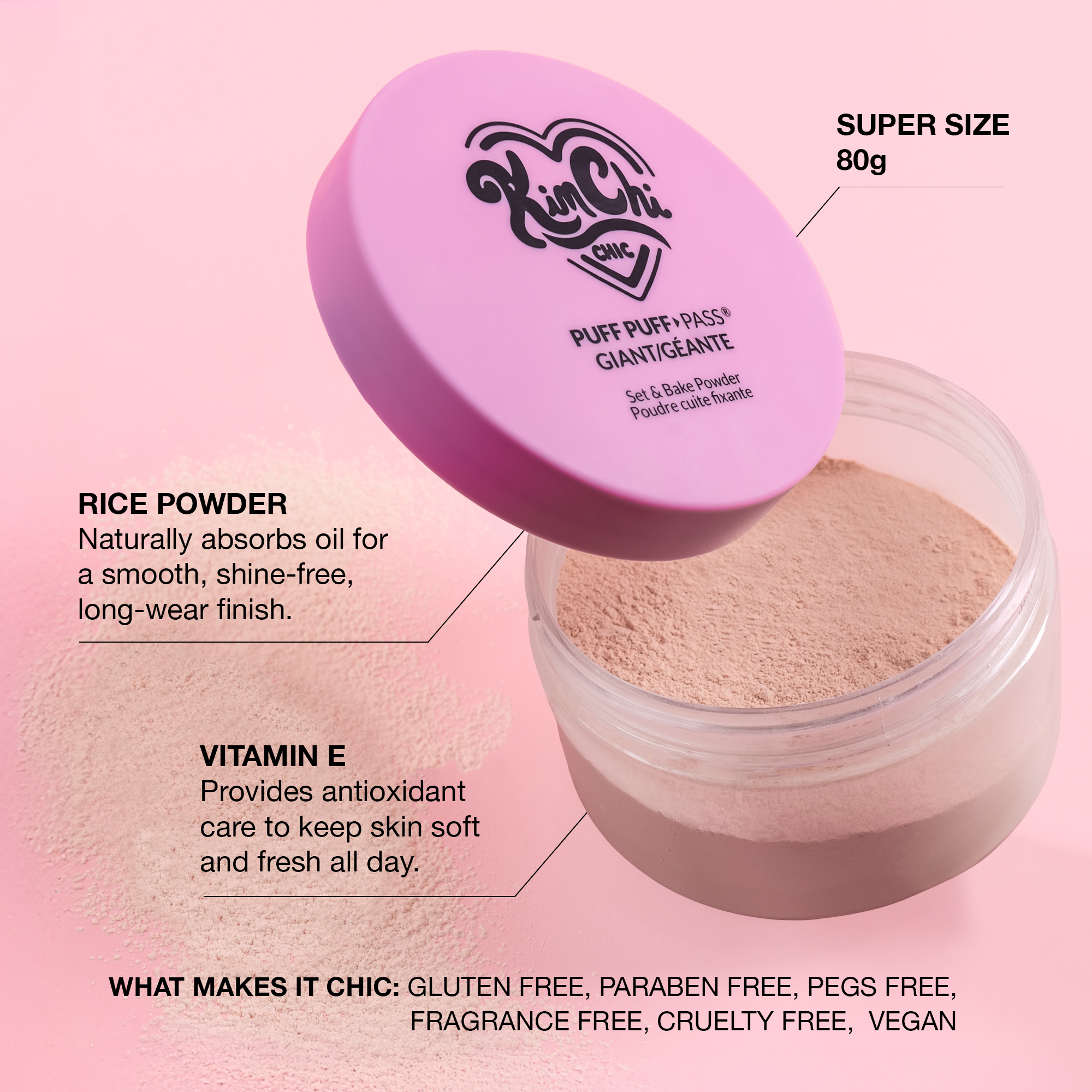 Kin Chi Puff Puff Pass setting powder, 80g, gluten-free, vegan, absorbs oil for a smooth finish.