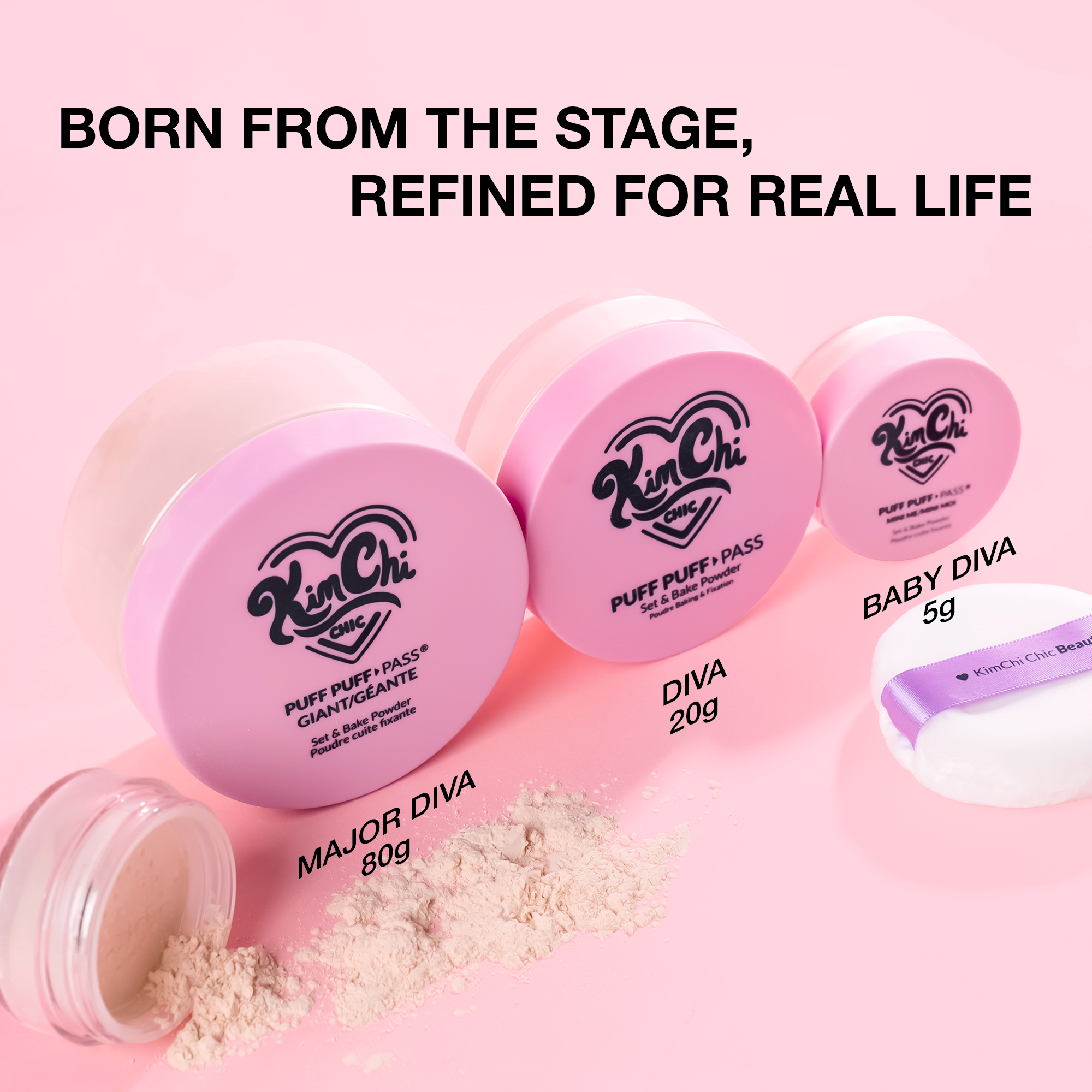 KinChi Puff Puff Pass setting powders in pink containers: Major Diva 80g, Diva 20g, and Baby Diva 5g for flawless makeup.