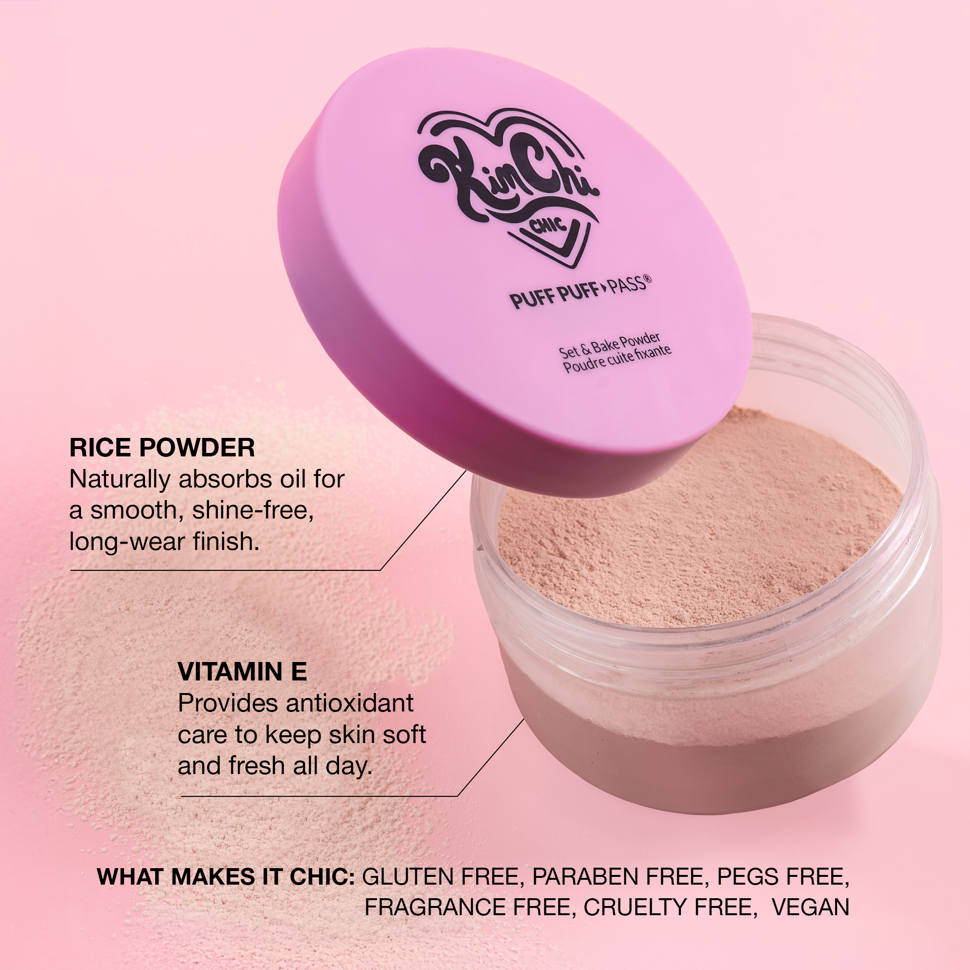 KinChi Puff Puff Pass Rice Powder, pink lid, vegan, gluten-free, absorbs oil for smooth finish.