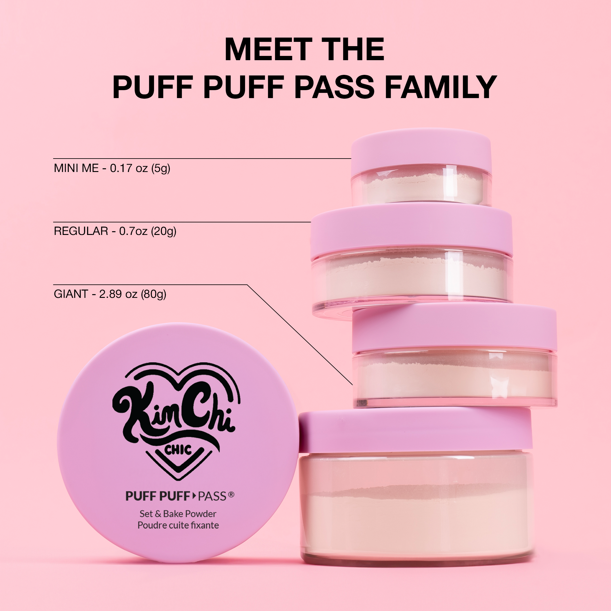 Puff Puff Pass setting powder by Kim Chi Chic, available in Mini Me, Regular, and Giant sizes with pink packaging.