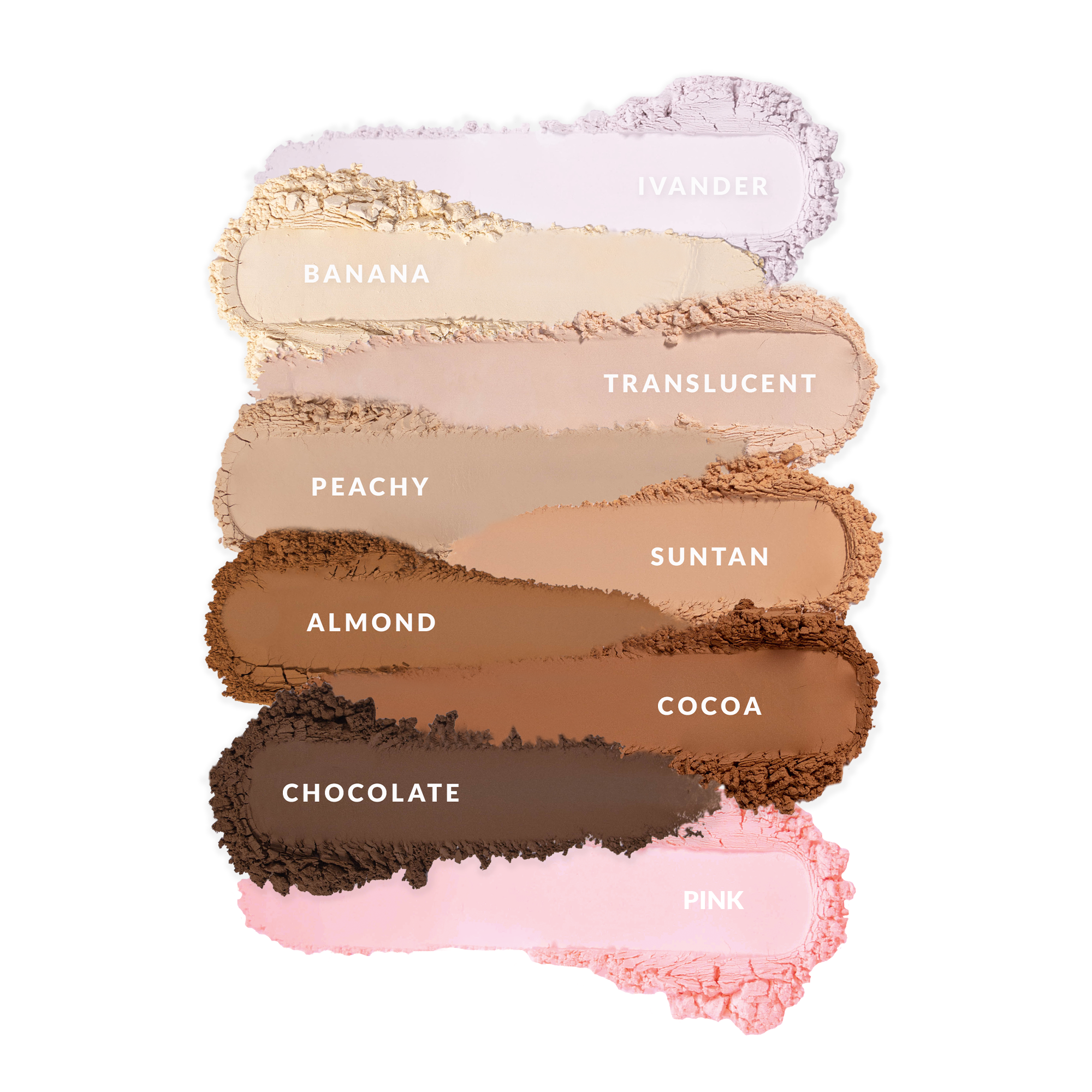 Color swatches of loose powder in shades: Ivander, Banana, Translucent, Peachy, Suntan, Almond, Cocoa, Chocolate, Pink.