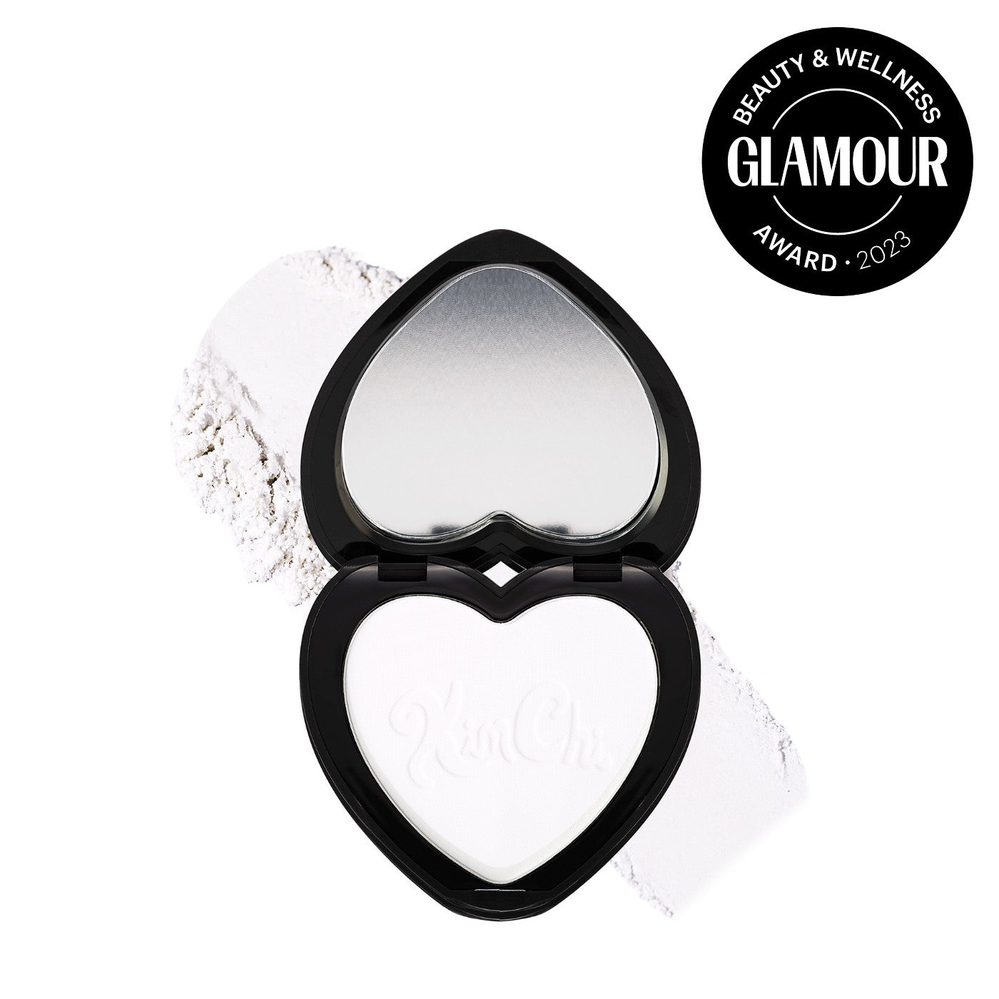 Heart-shaped compact powder with Glamour award badge