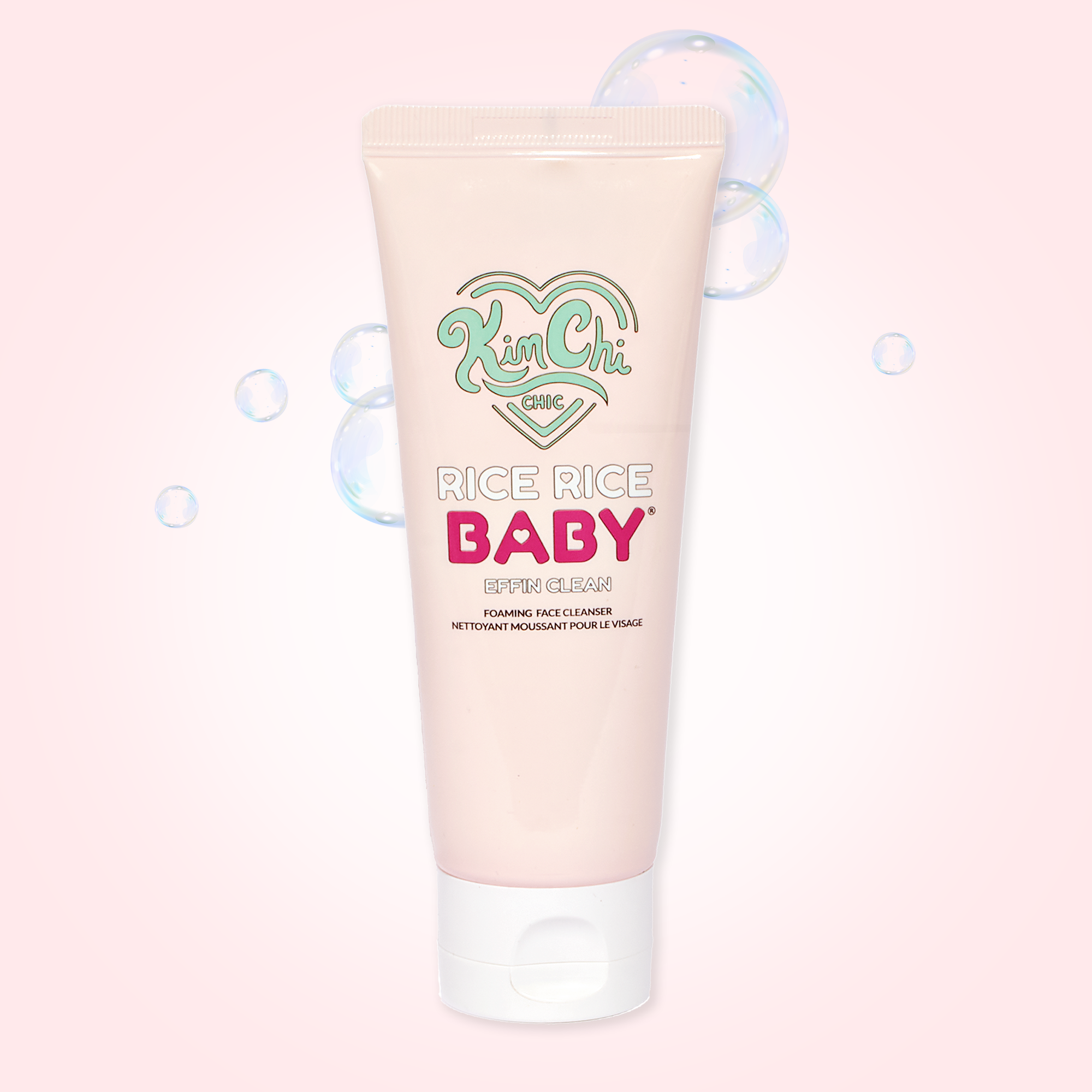Kim Chi Rice Rice Baby foaming face cleanser, pink tube, gentle for all skin types.