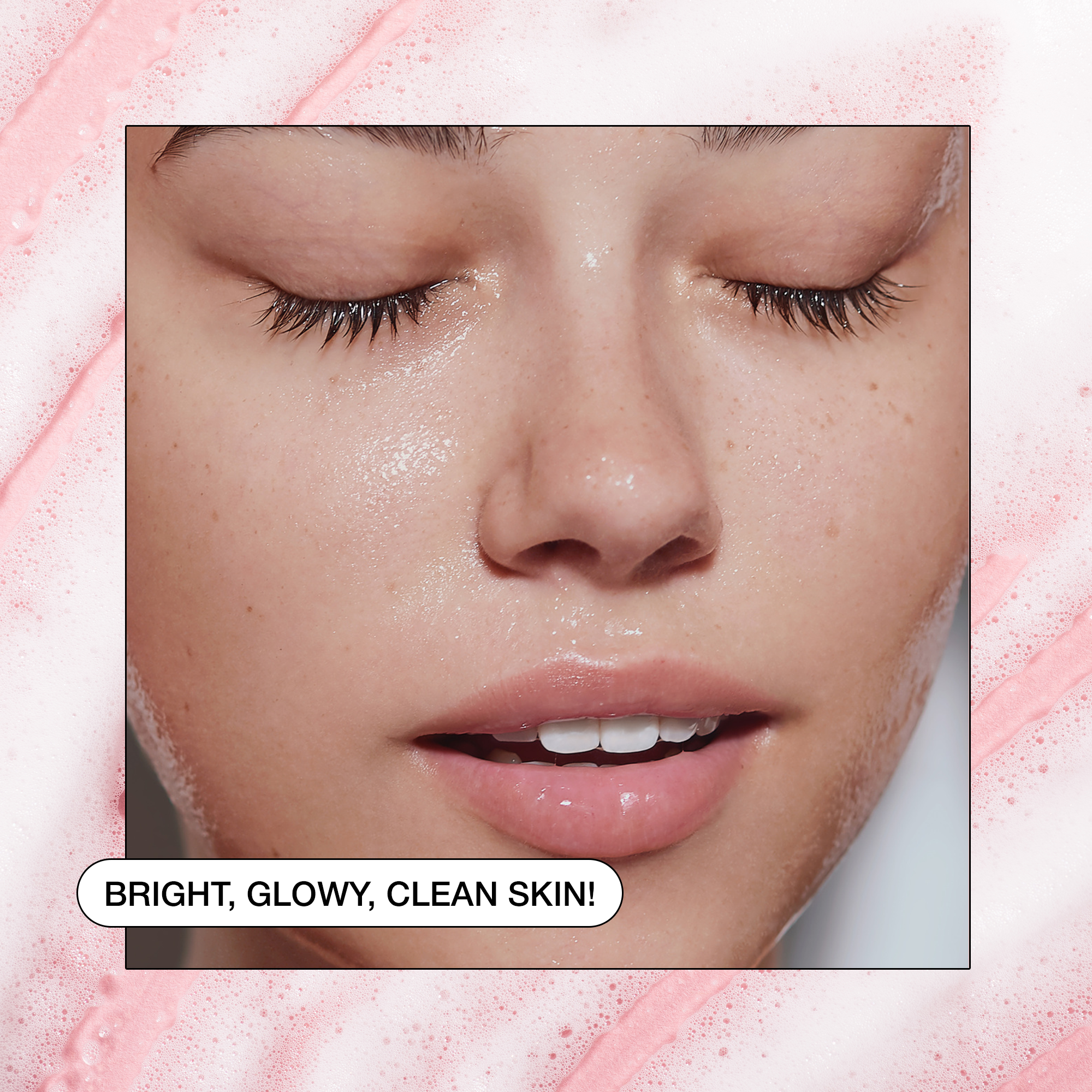 Close-up of a woman's face with glowy, dewy skin, showcasing radiance and freshness.