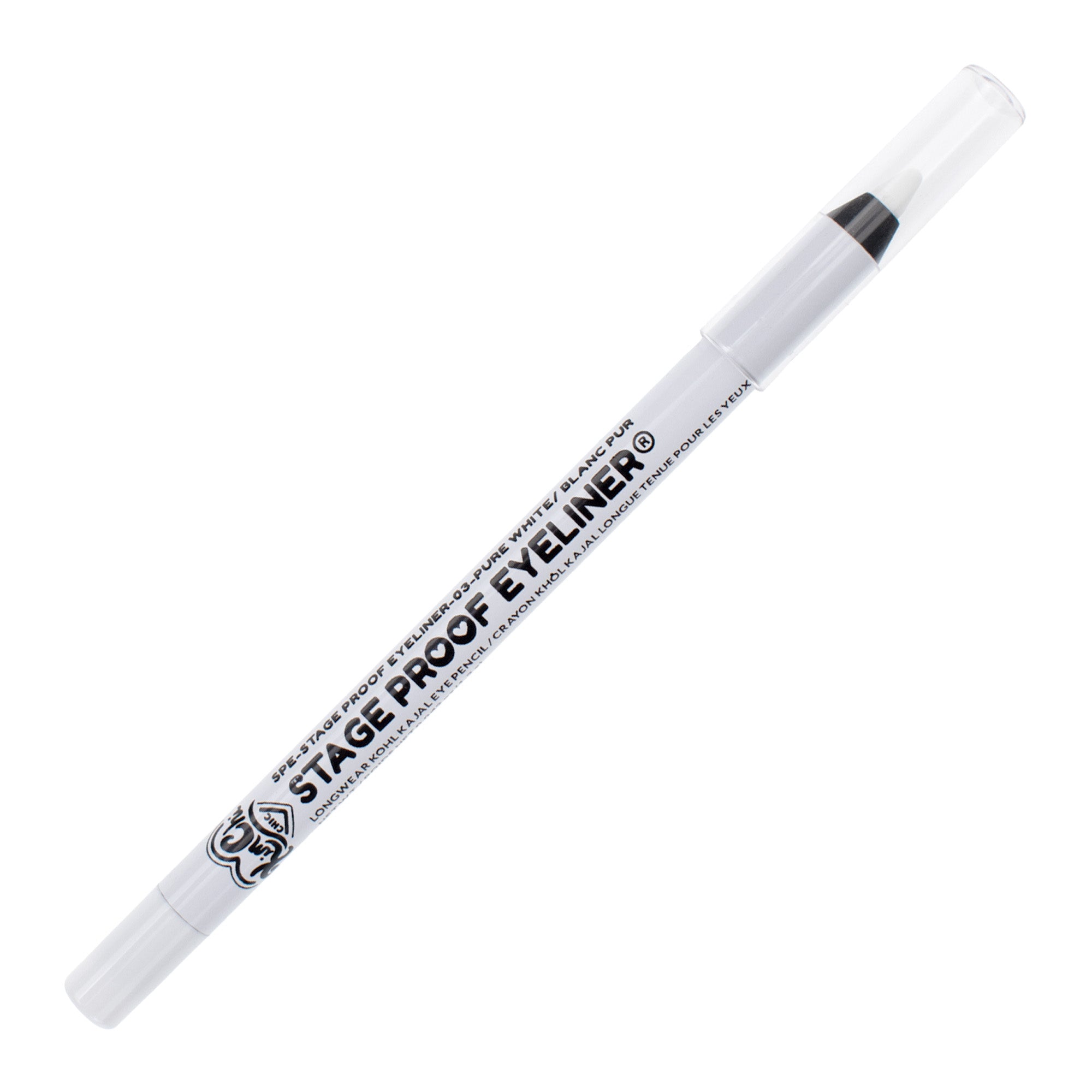 Black stage proof eyeliner pencil with a clear lid