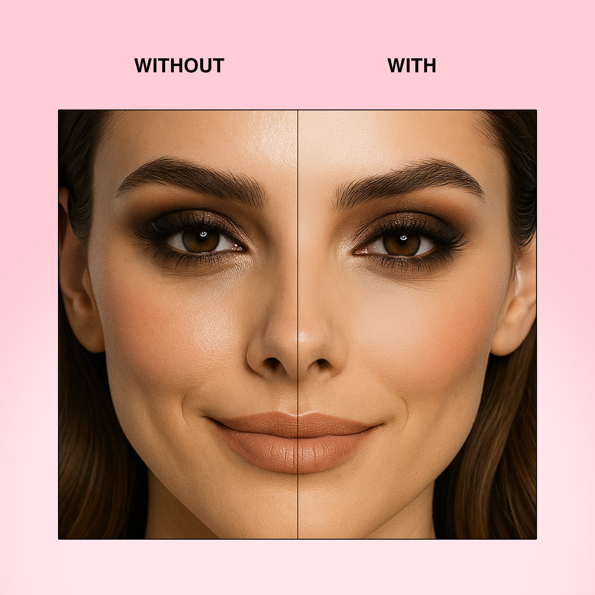 Before and after makeup application showcasing enhanced features and flawless skin.
