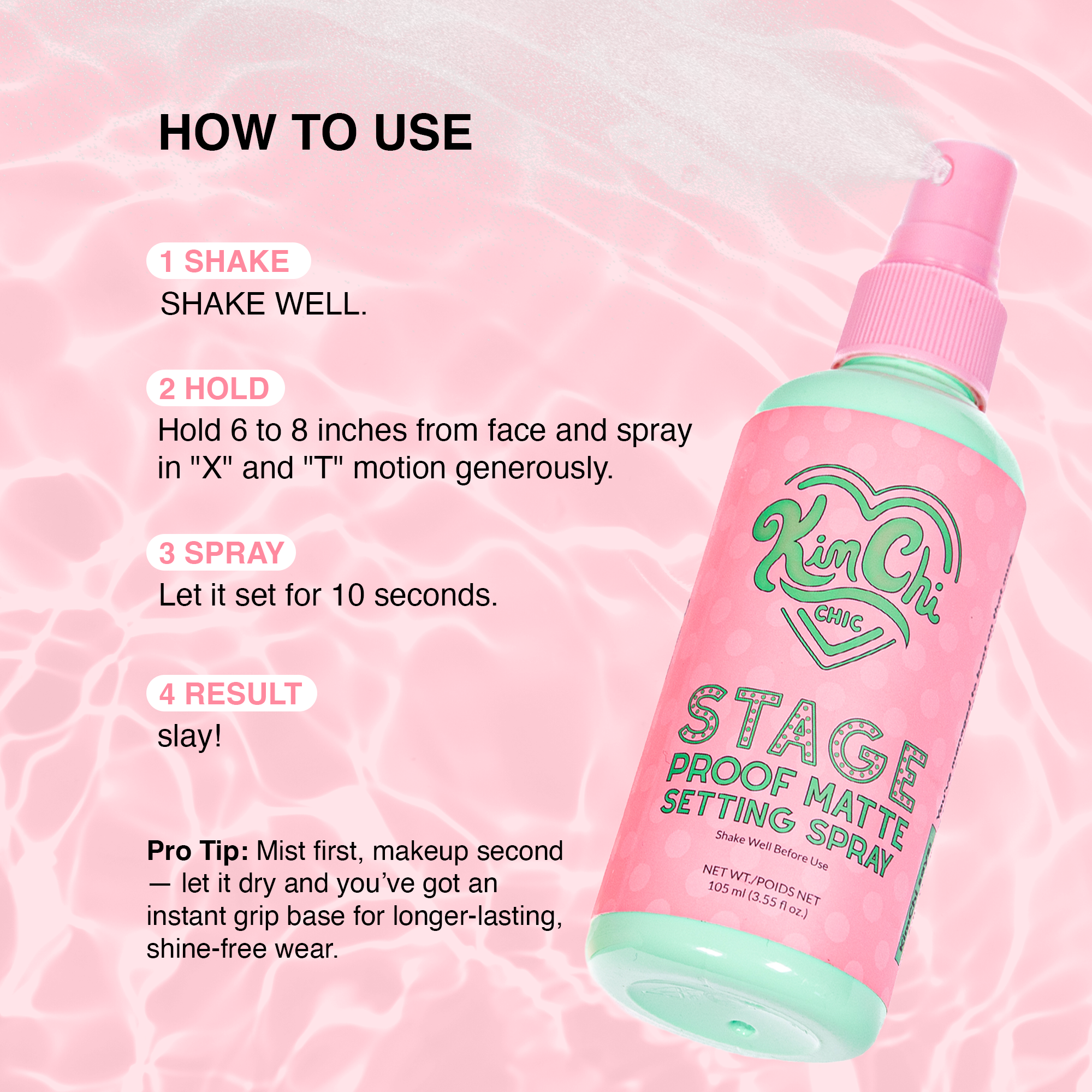 KimChi Chic Stage Proof Matte Setting Spray, pink bottle, 3.5 oz, provides long-lasting makeup hold.