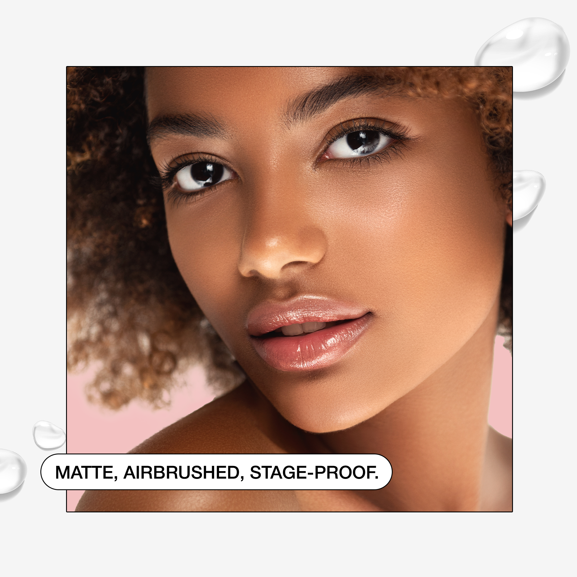 Close-up of a model showcasing matte, airbrushed, stage-proof makeup for a flawless look.