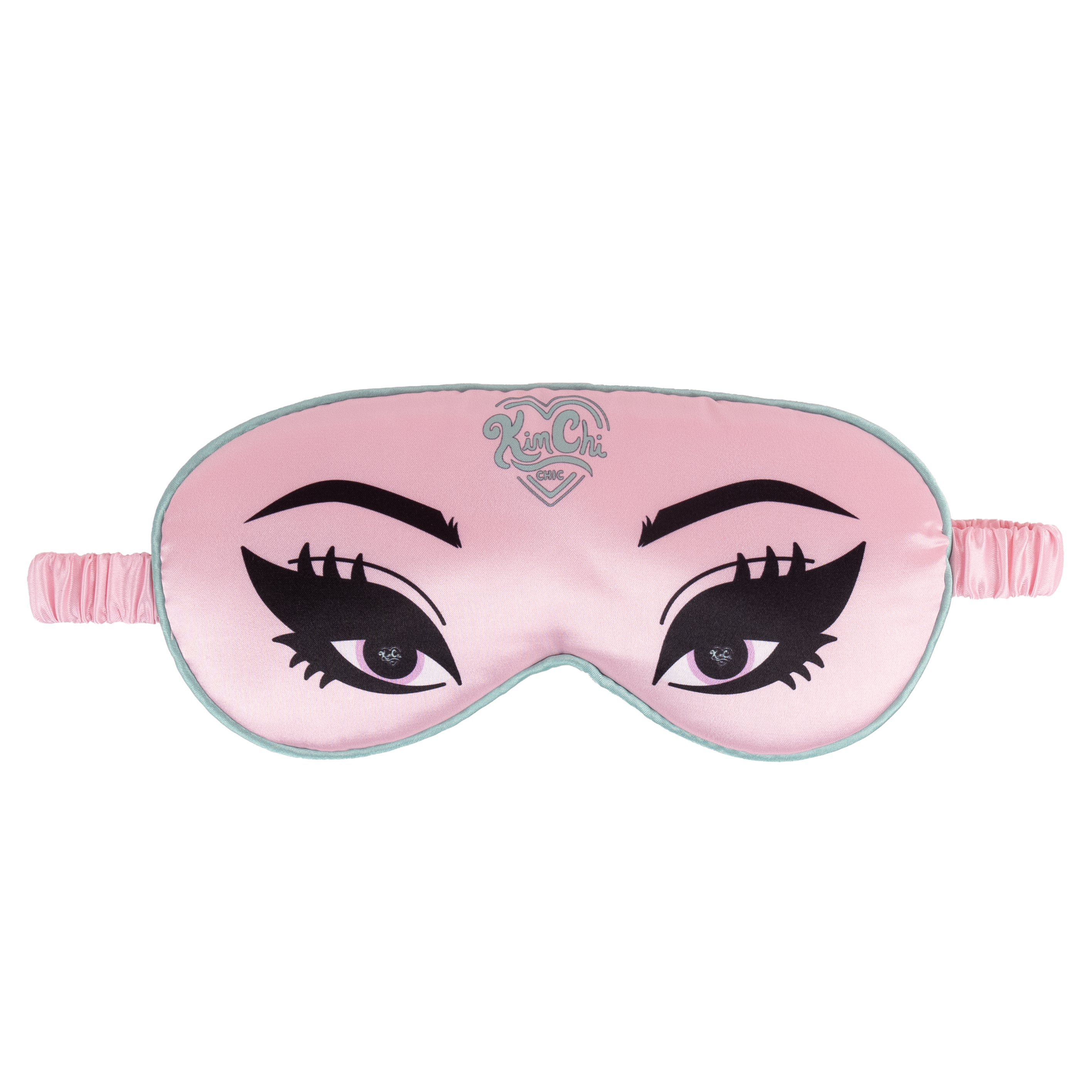 Pink sleep mask with cartoon eyes design and elastic strap.