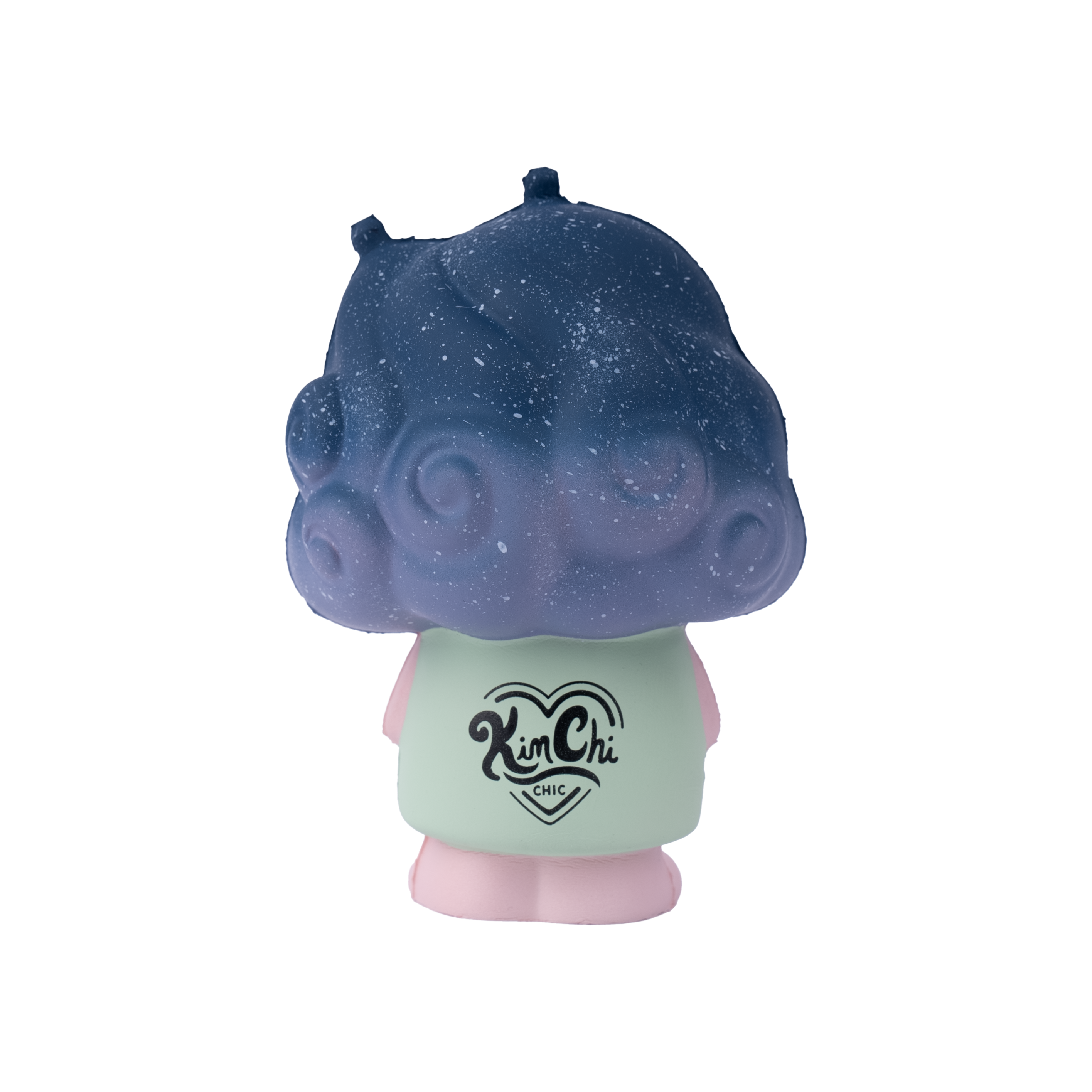 Toy figurine with blue swirled hair and a green shirt with a logo on the back.