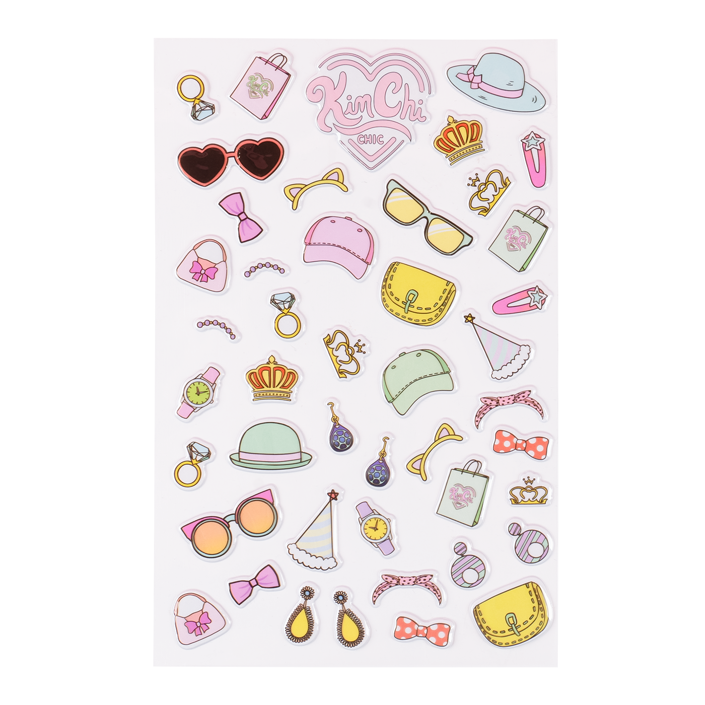 Sheet of colorful fashion-themed stickers, including hats, sunglasses, crowns, and jewelry.