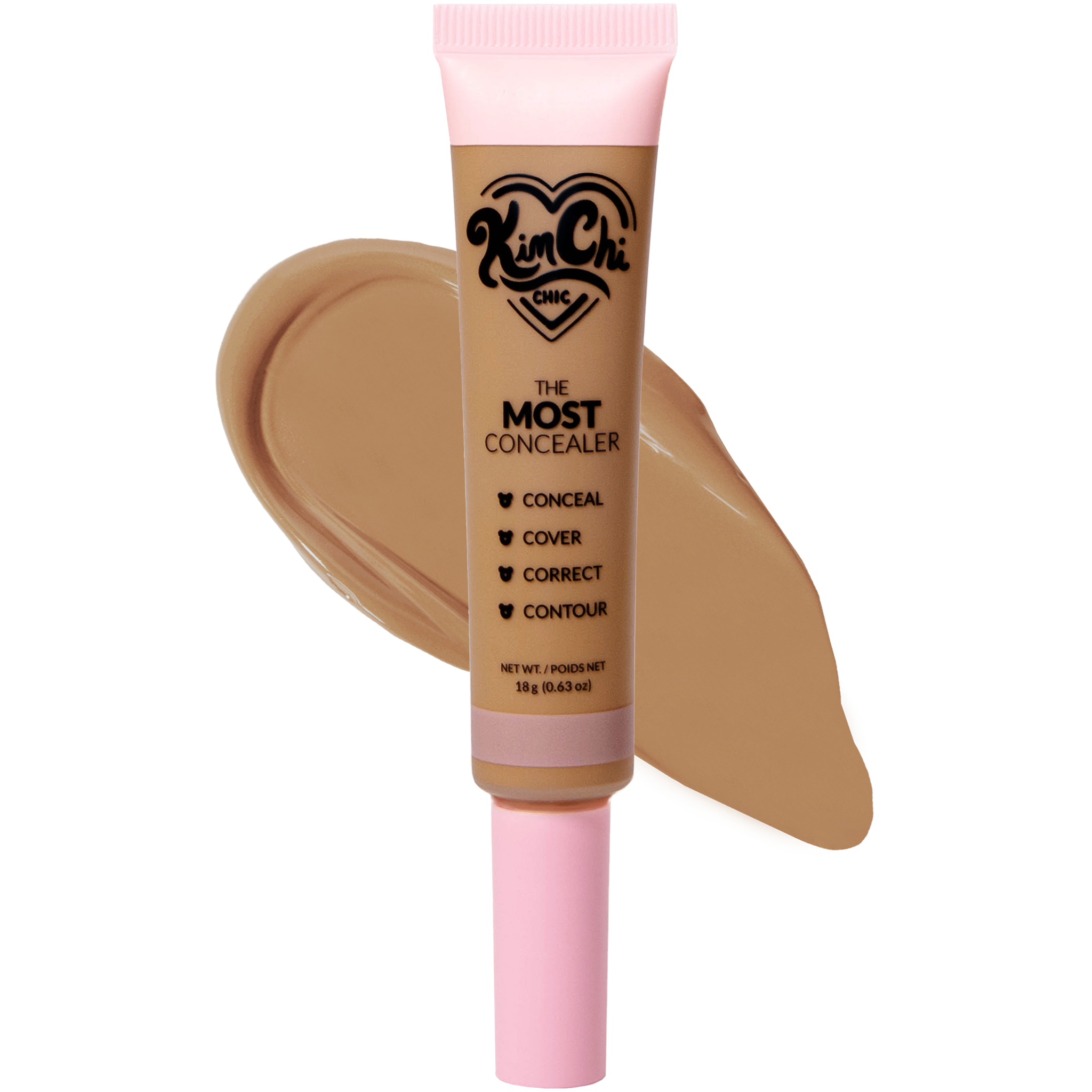 Pink and beige tube of Kim Chi Chic concealer with swatch