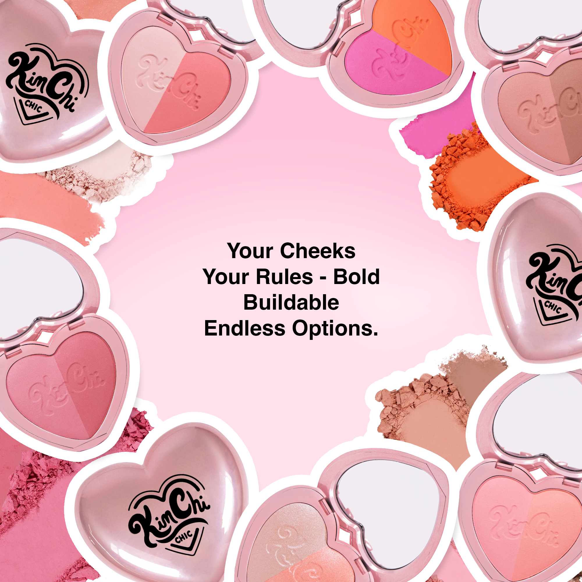 KimChi Chic blush compacts in heart shape, featuring buildable colors for customizable cheek looks.