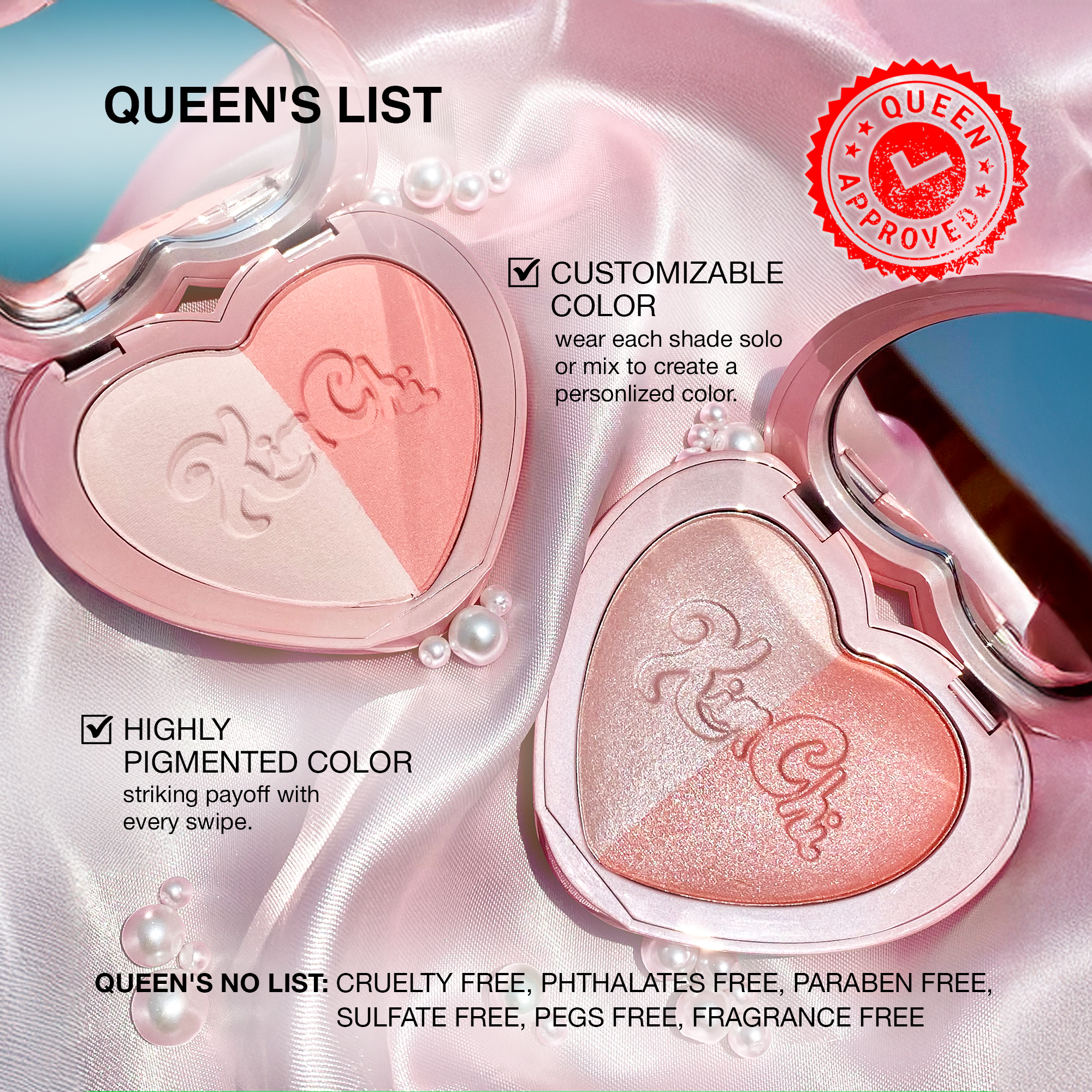 Heart-shaped customizable blush duo, highly pigmented, cruelty-free with pink and shimmery shades.