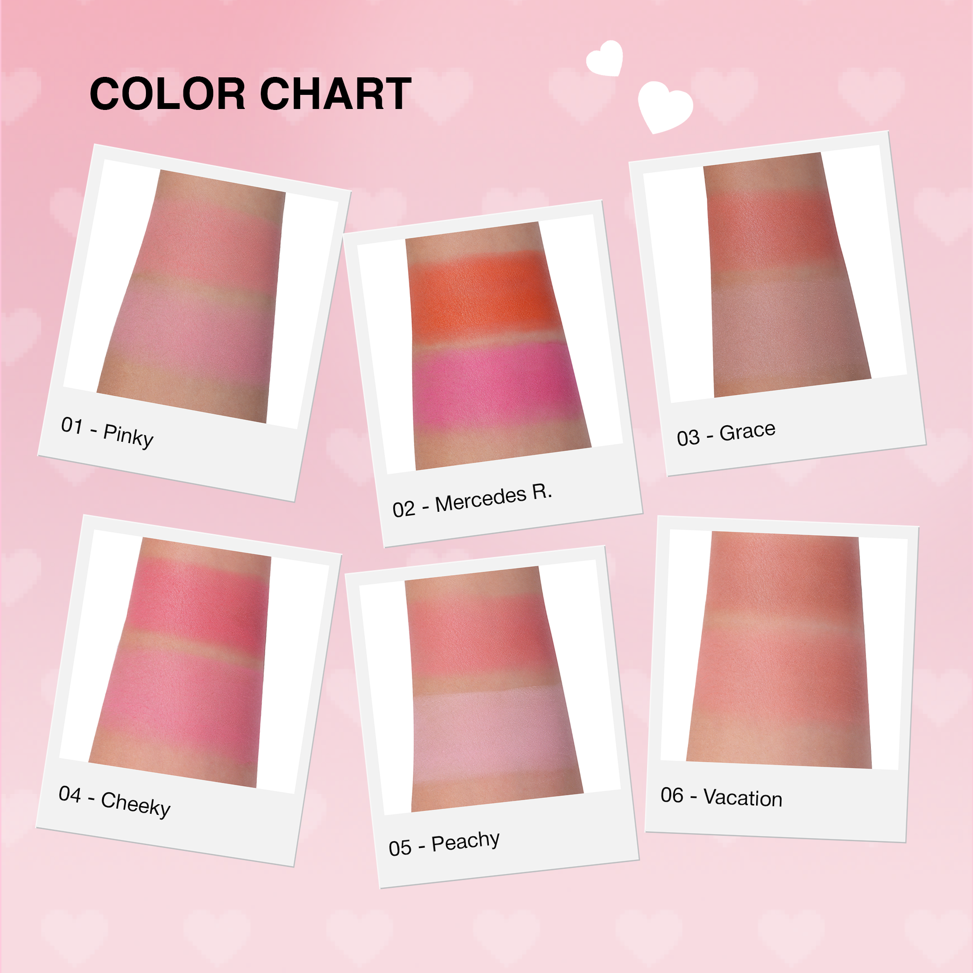 Color chart showcasing six blush shades: Pinky, Mercedes R., Grace, Cheeky, Peachy, and Vacation.