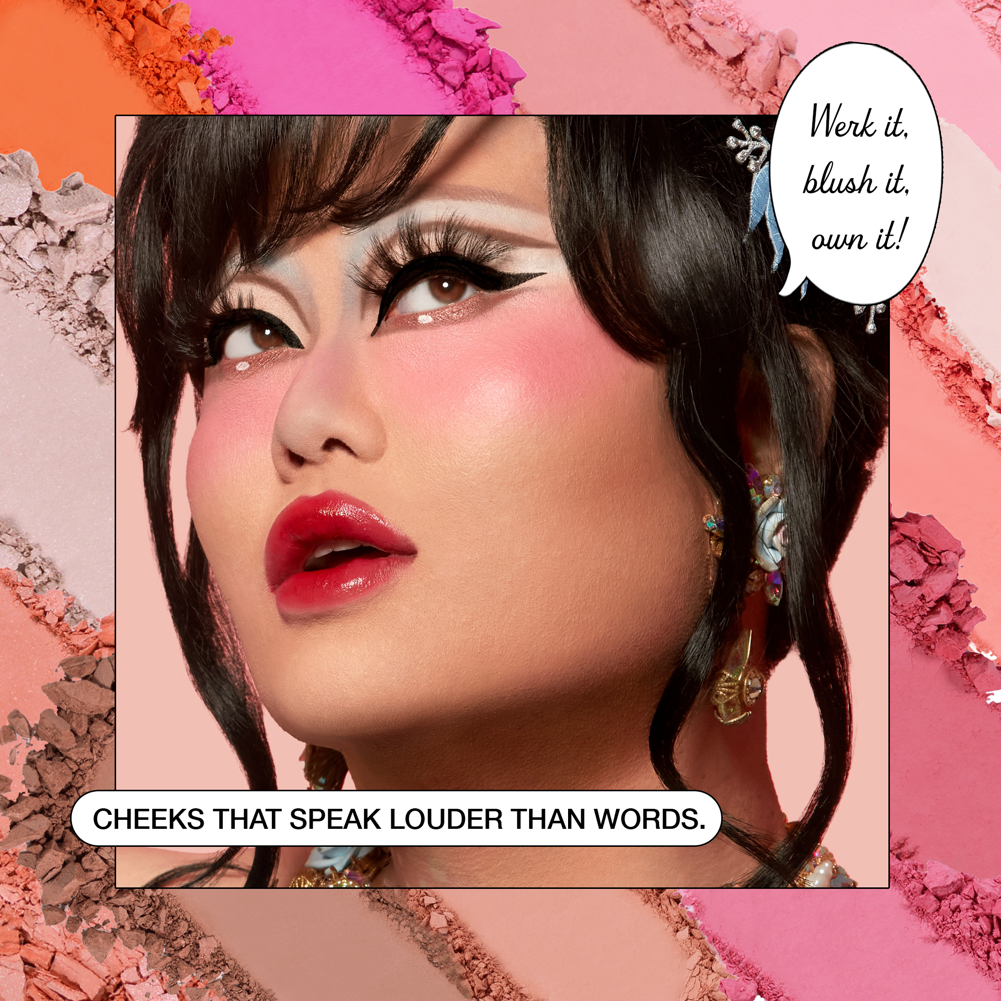 Vibrant makeup look featuring bold blush, glossy lips, and dramatic eyelashes with colorful blush palette background.