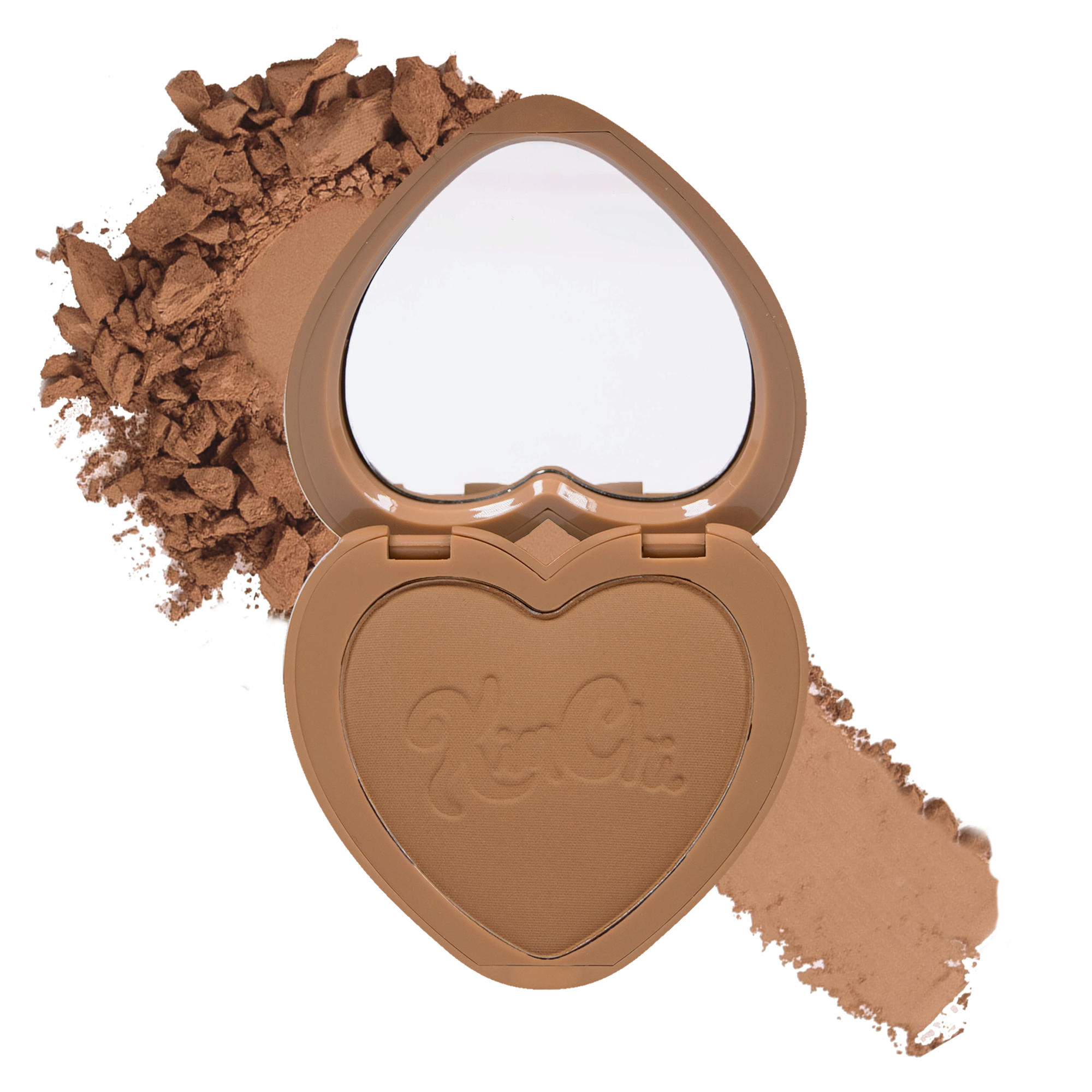 Heart-shaped bronzer compact in tan shade with mirror, perfect for adding a sun-kissed glow.