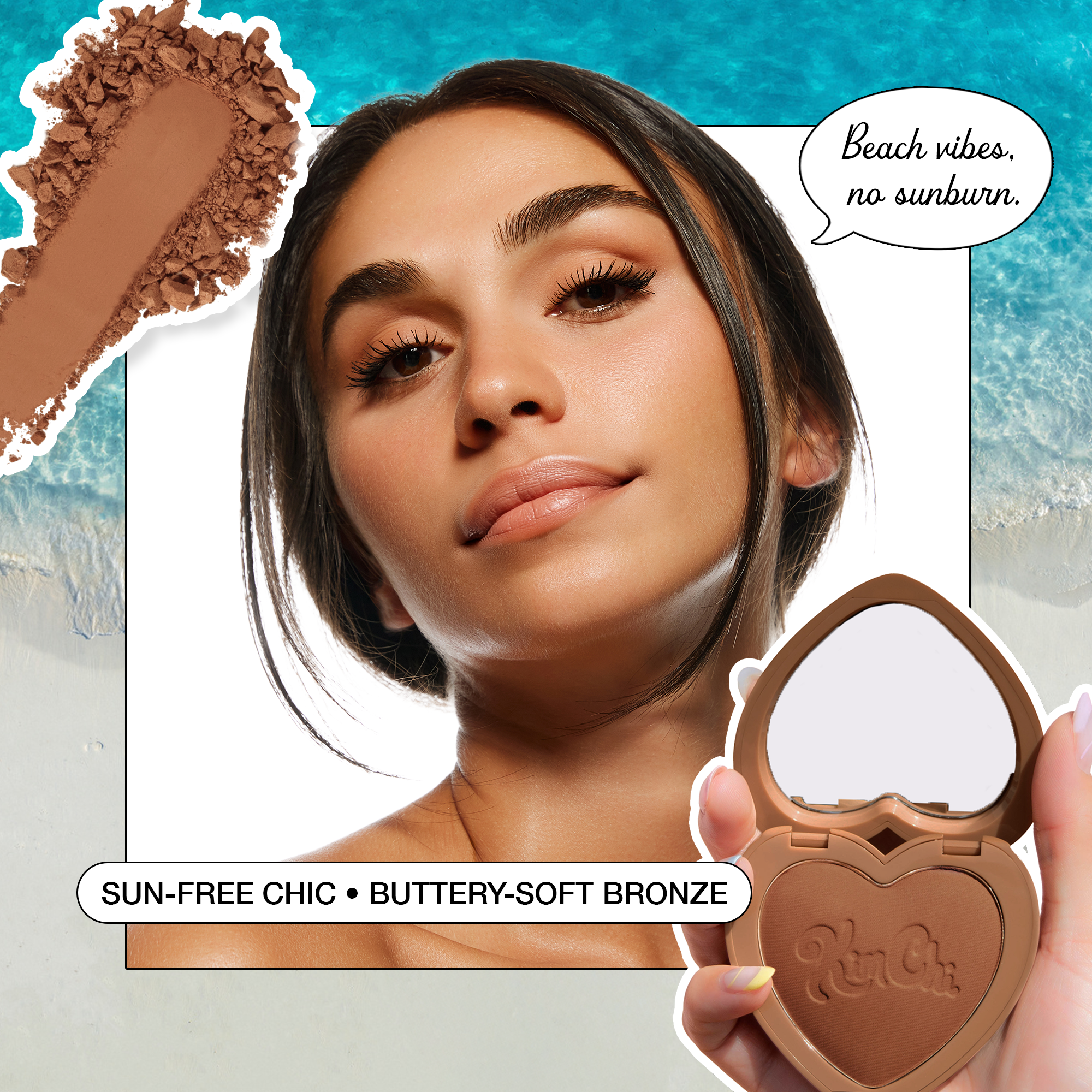 Buttery-soft bronzer in heart-shaped compact, providing sun-free glow and beach vibes.