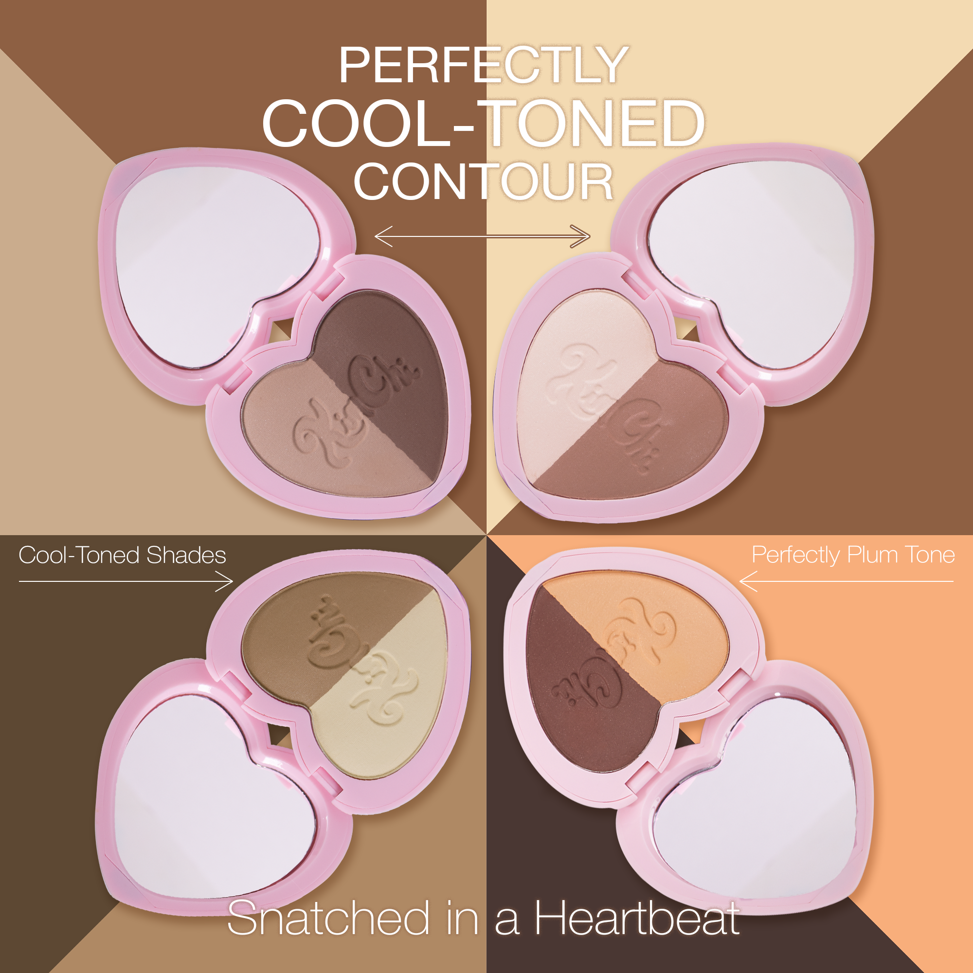 Cool-toned contour palette with four shades, heart-shaped case, smooth texture, and easy application.