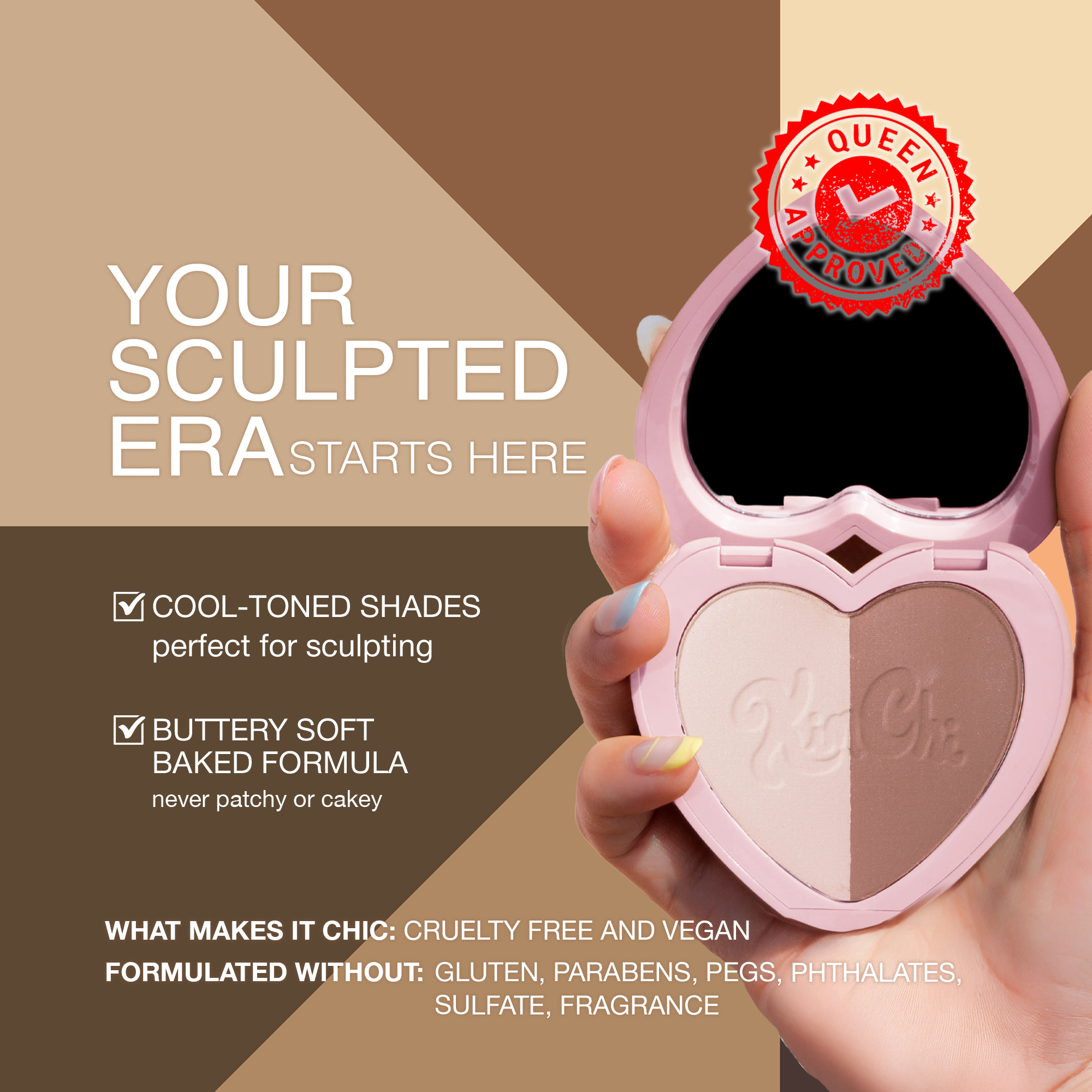 Cool-toned sculpting powder in heart-shaped compact, buttery soft formula, cruelty-free and vegan.